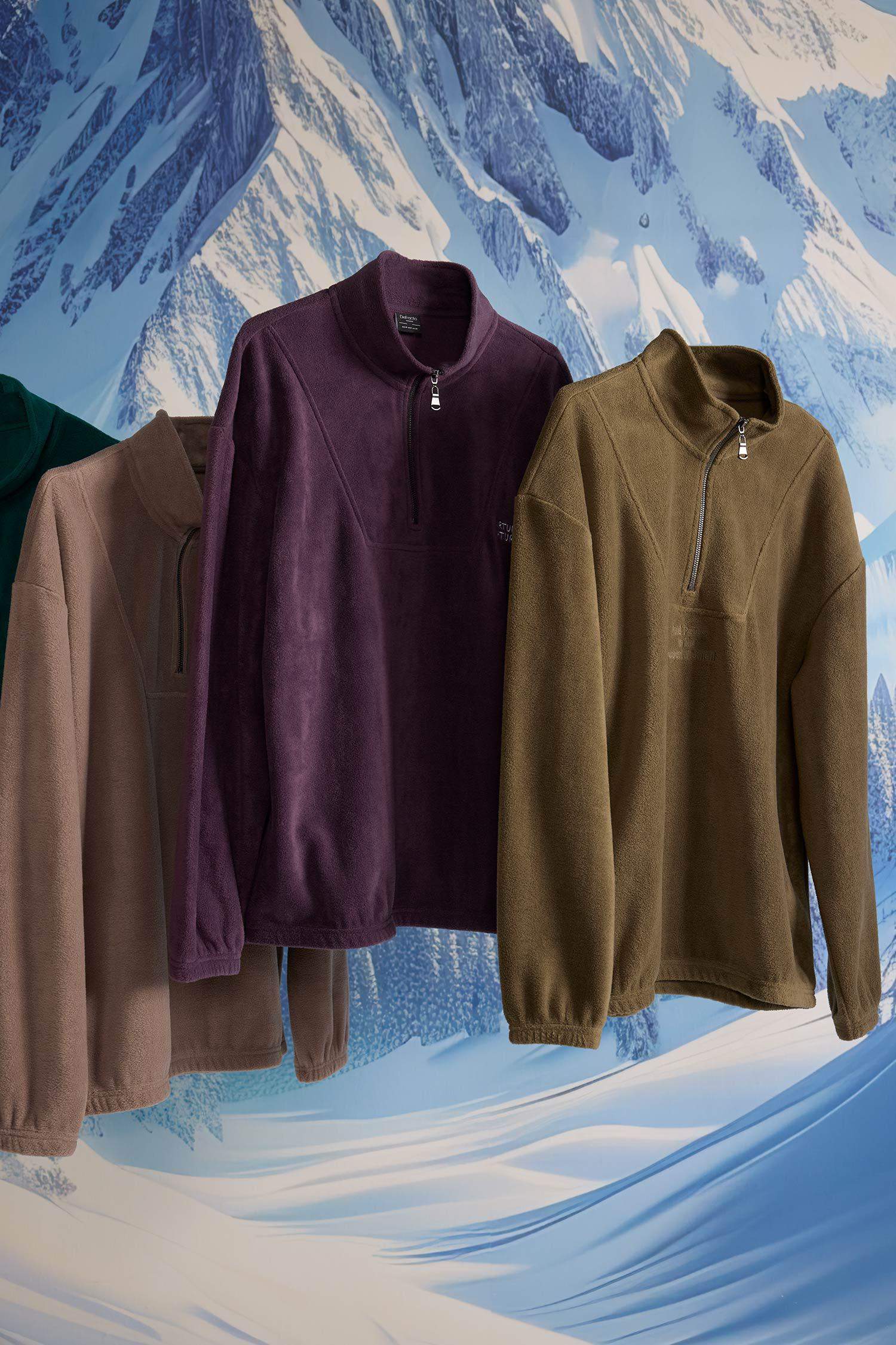 Comfort Regular Fit Rahat Kalıp Dik Yaka Baskılı Polar Sweatshirt
