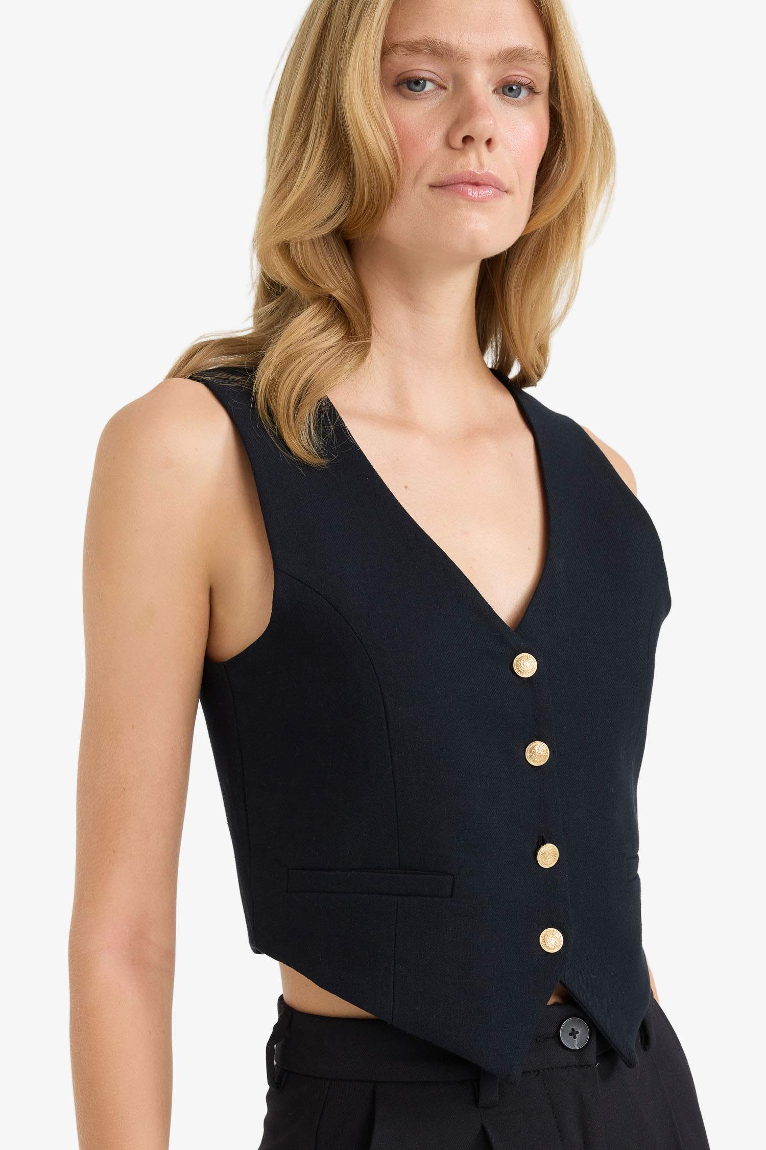 V Neck Linen Blend Crop Blazer Vest