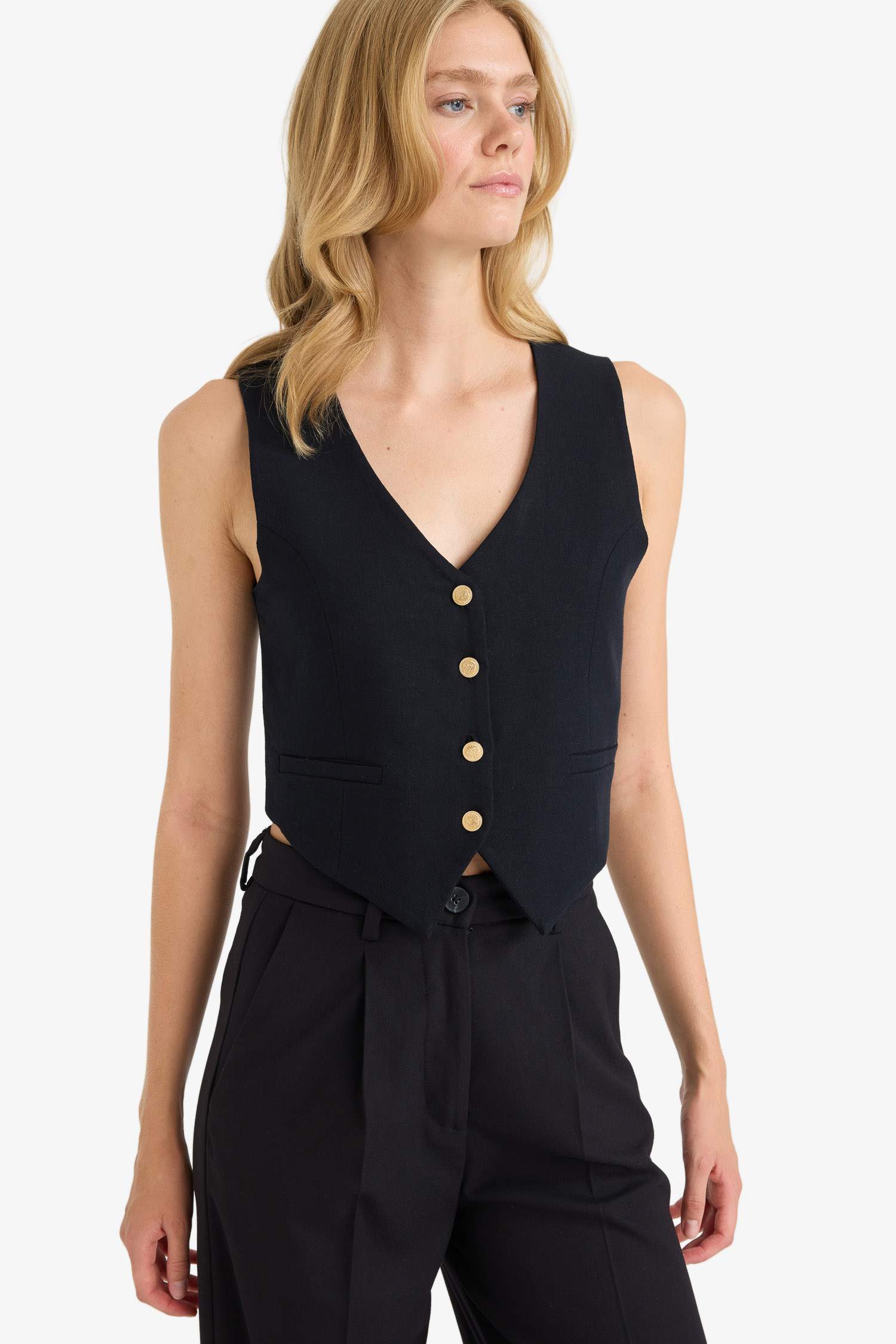 V Neck Linen Blend Crop Blazer Vest
