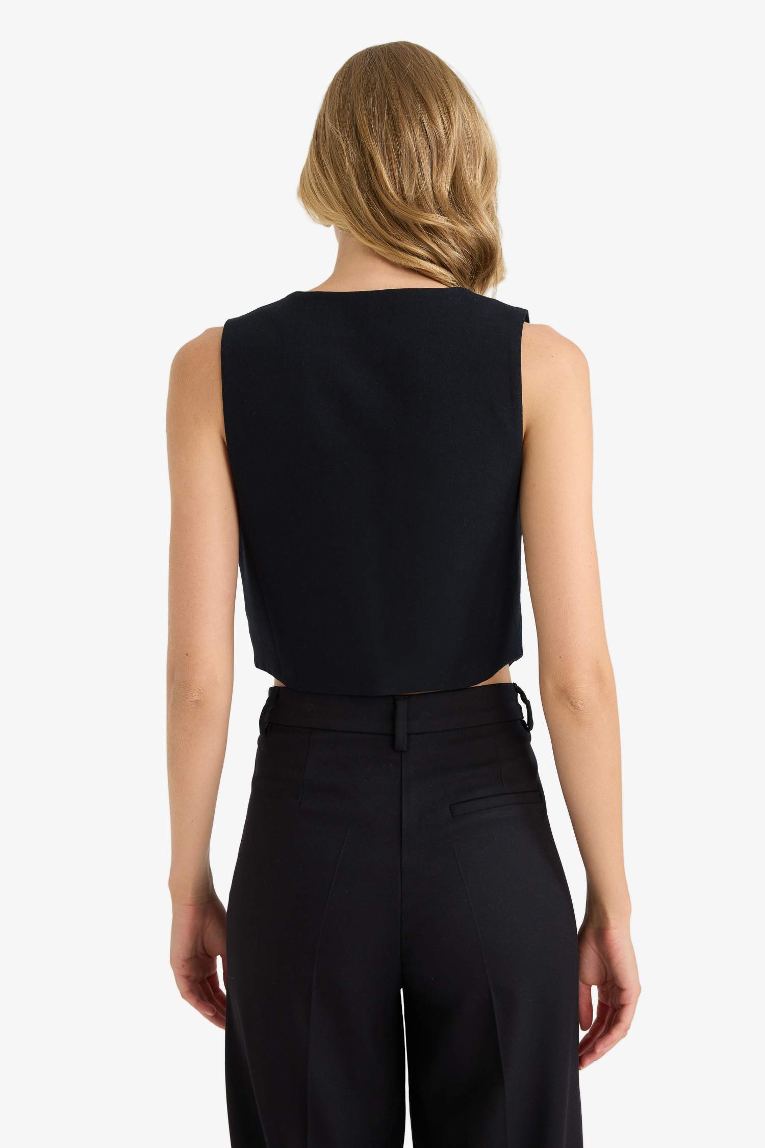 V Neck Linen Blend Crop Blazer Vest