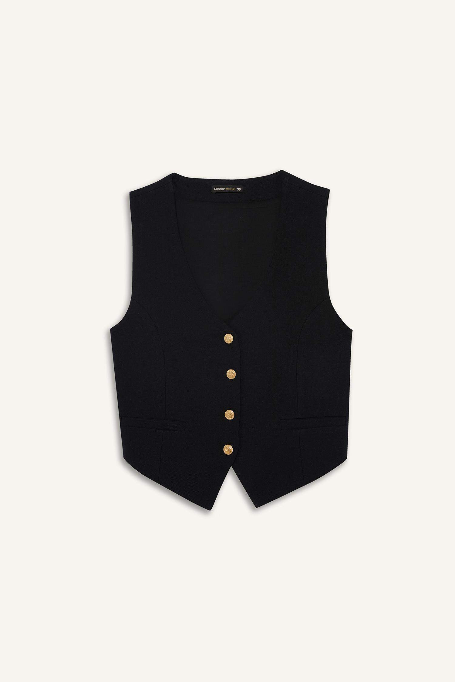 V Neck Linen Blend Crop Blazer Vest