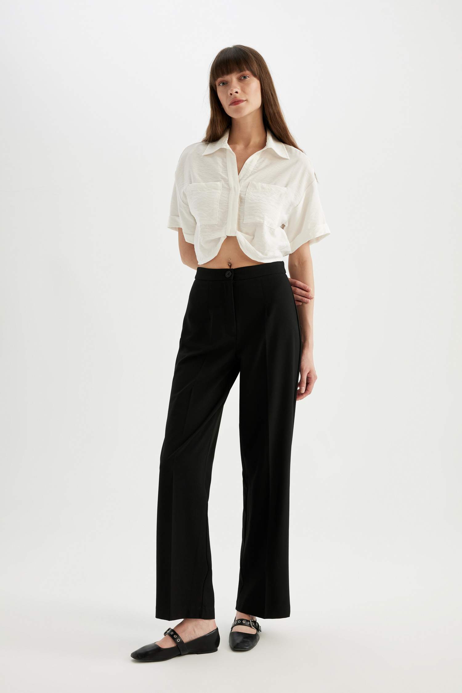 Shirt Collar Twill Short Sleeve Crop Blouse