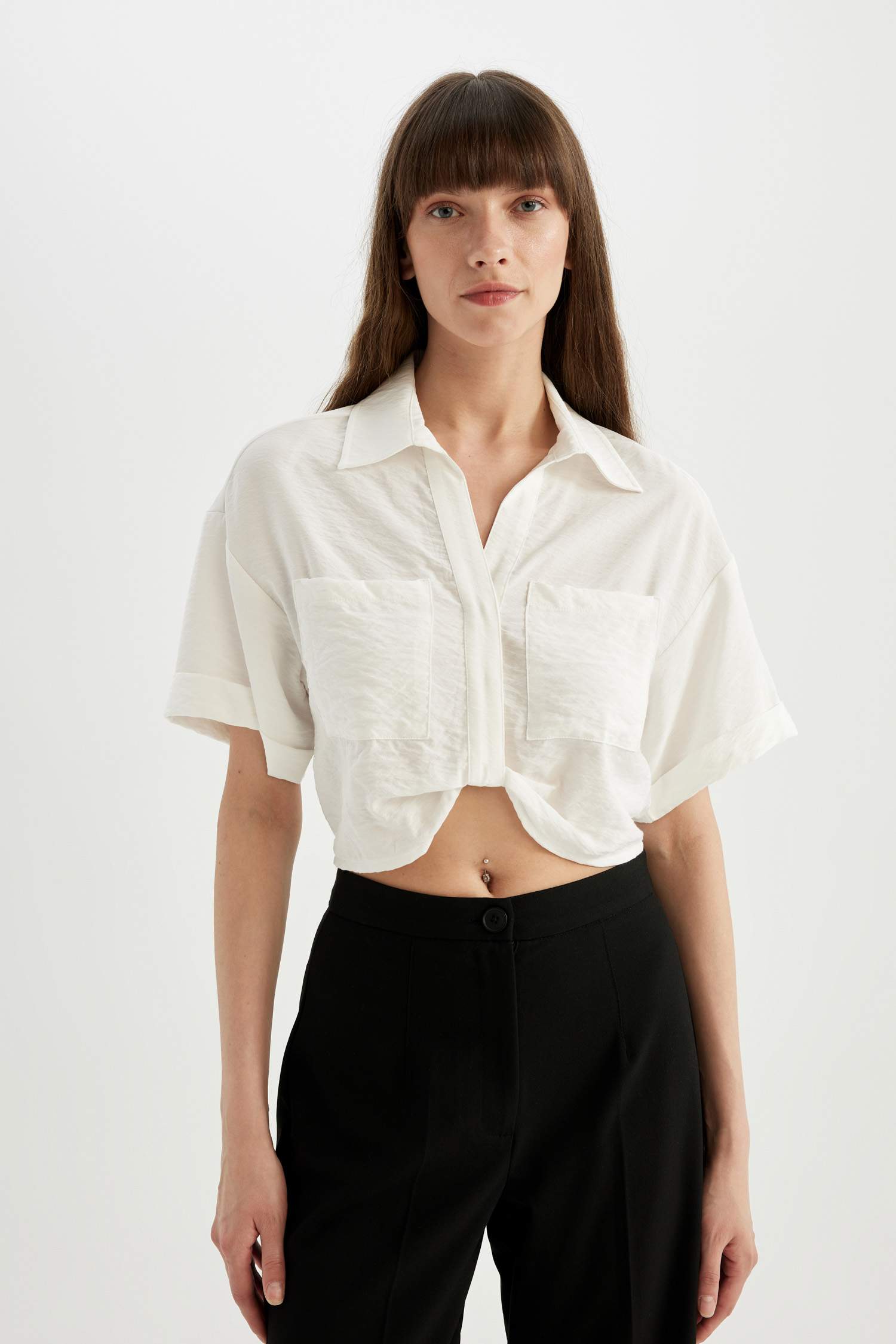 Shirt Collar Twill Short Sleeve Crop Blouse