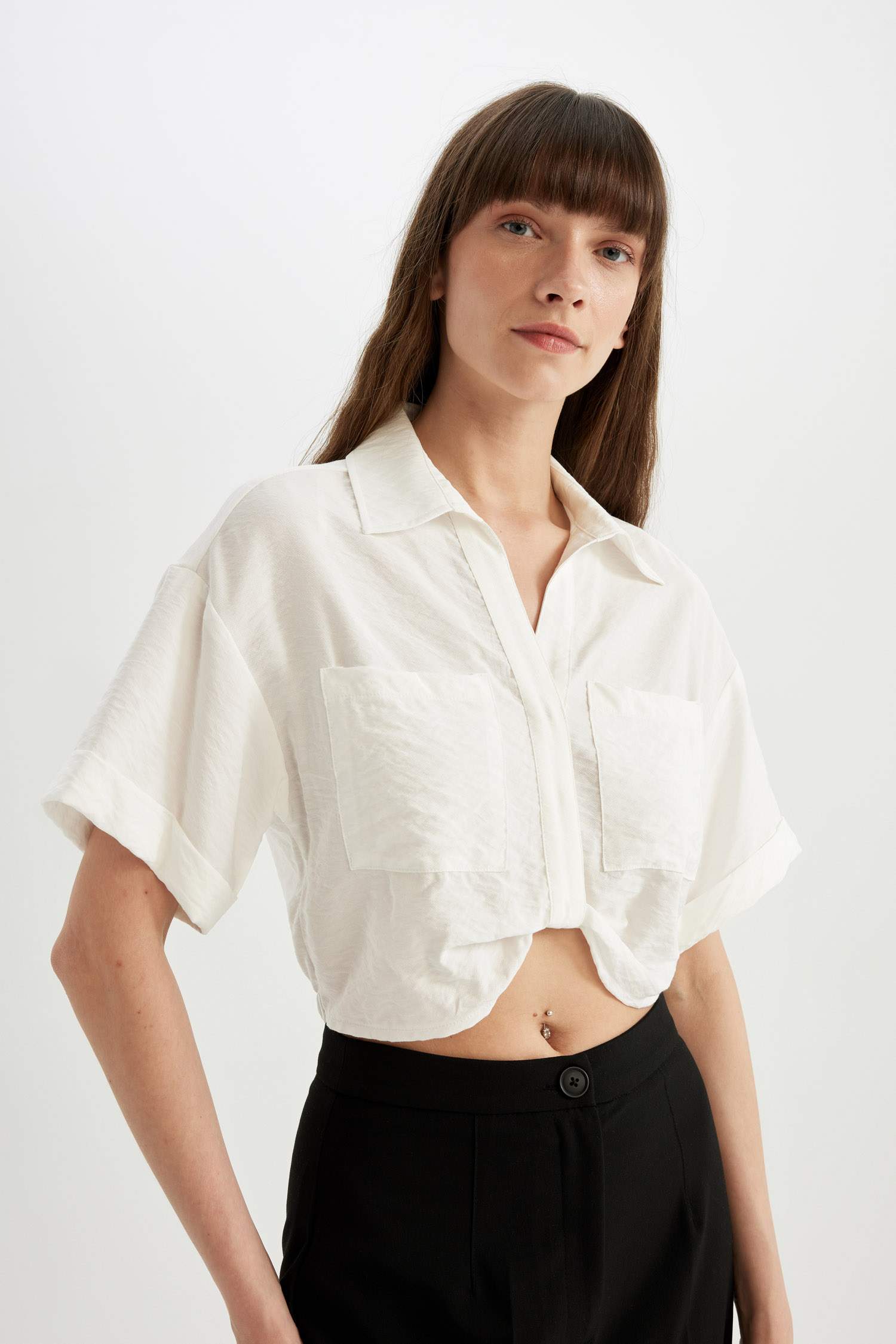 Shirt Collar Twill Short Sleeve Crop Blouse