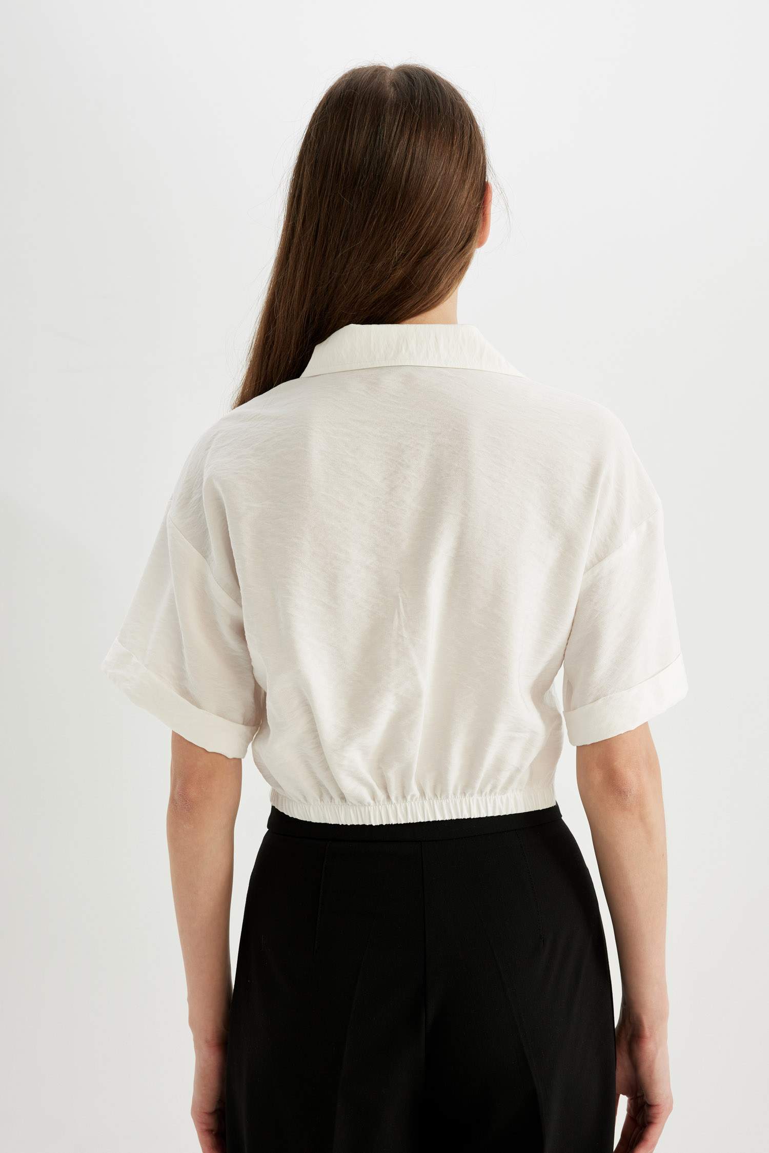 Shirt Collar Twill Short Sleeve Crop Blouse