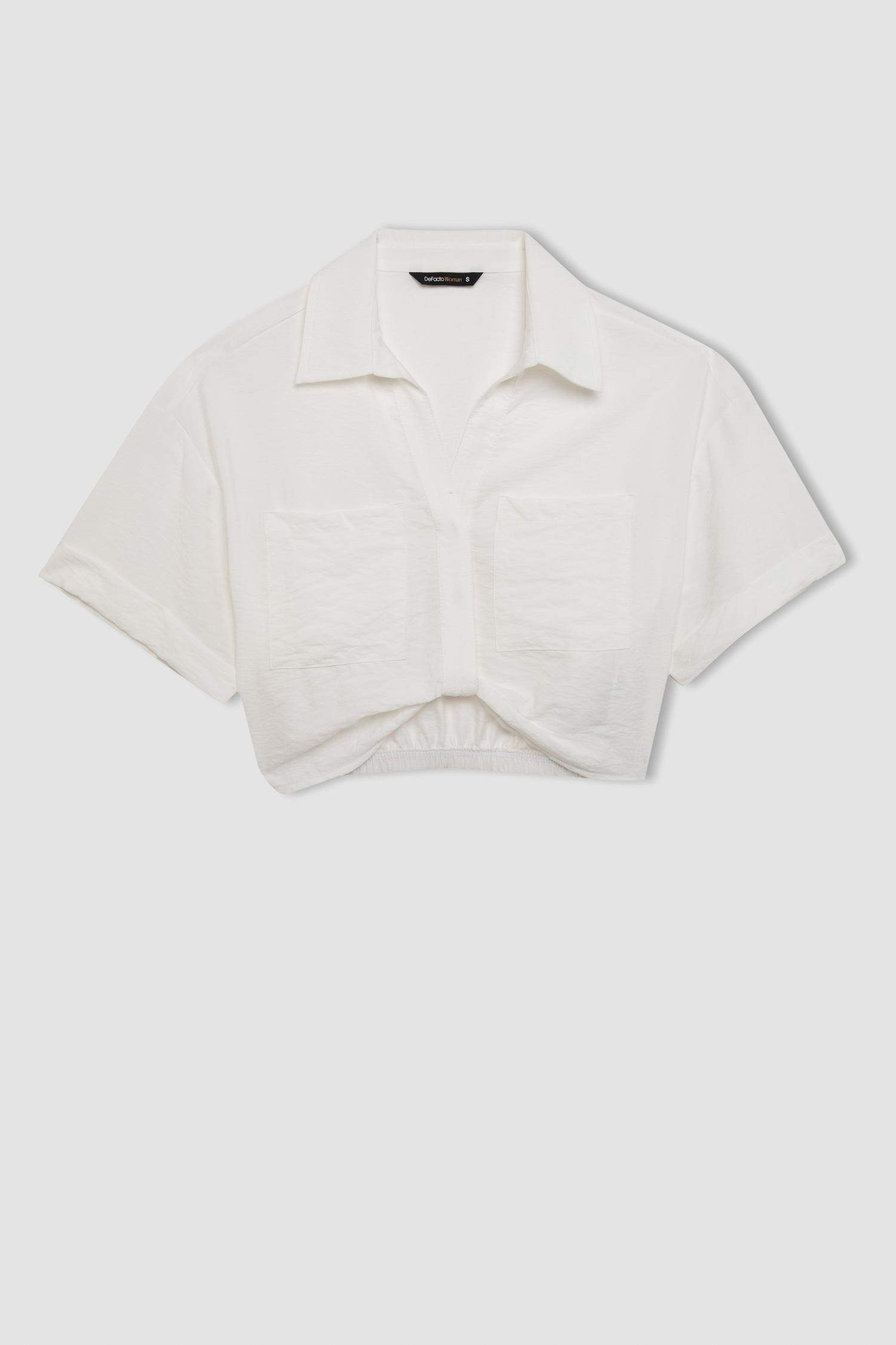 Shirt Collar Twill Short Sleeve Crop Blouse