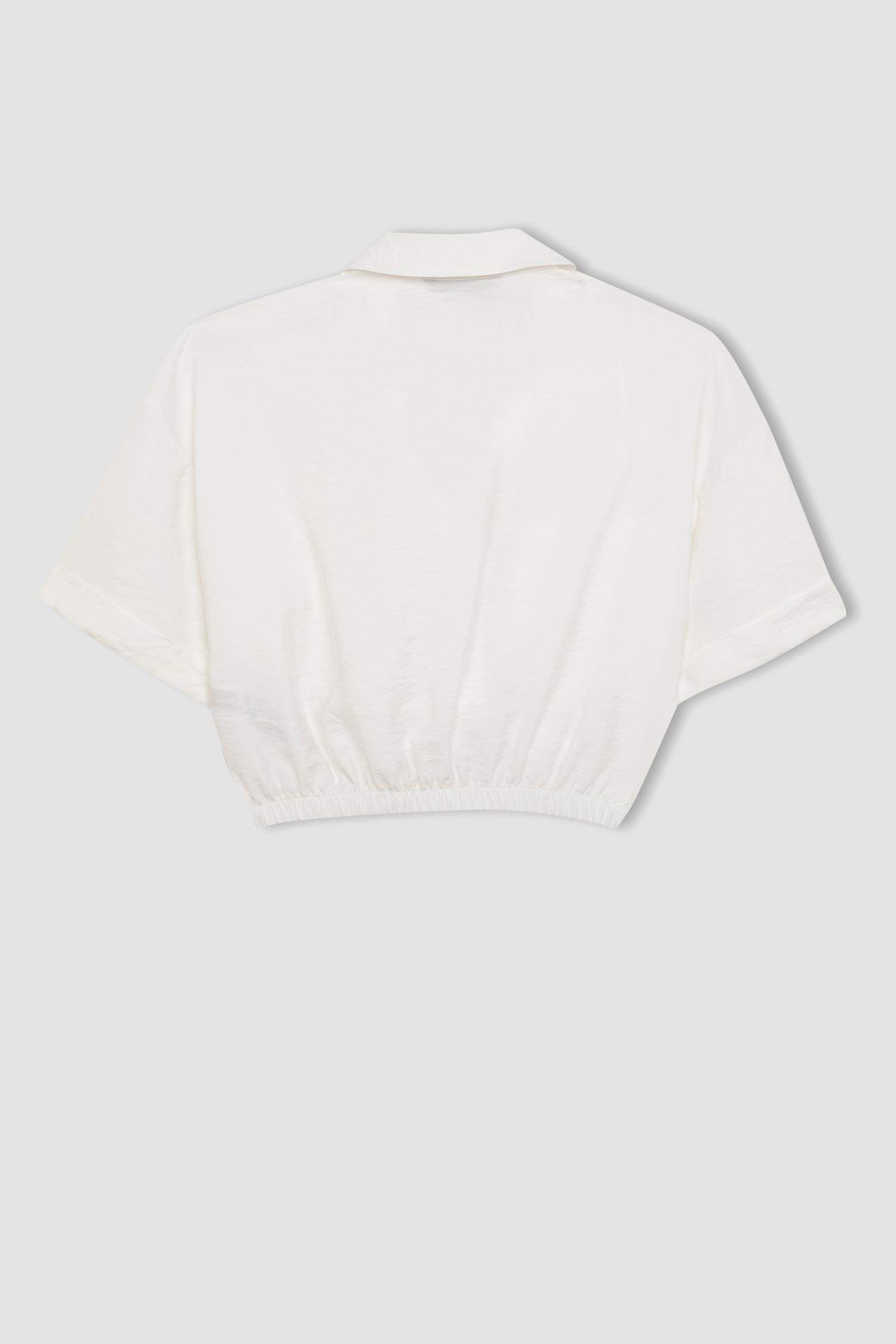 Shirt Collar Twill Short Sleeve Crop Blouse