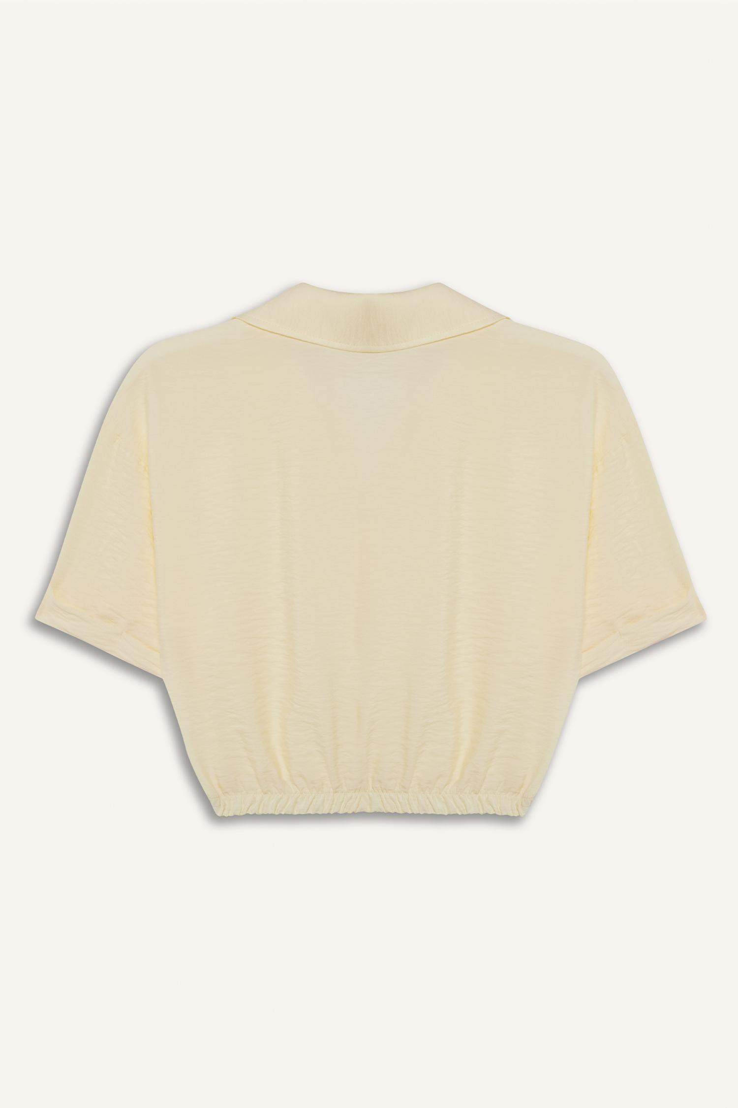 Cropped Fit Gömlek Yaka Keten Görünümlü Kısa Kollu Bluz