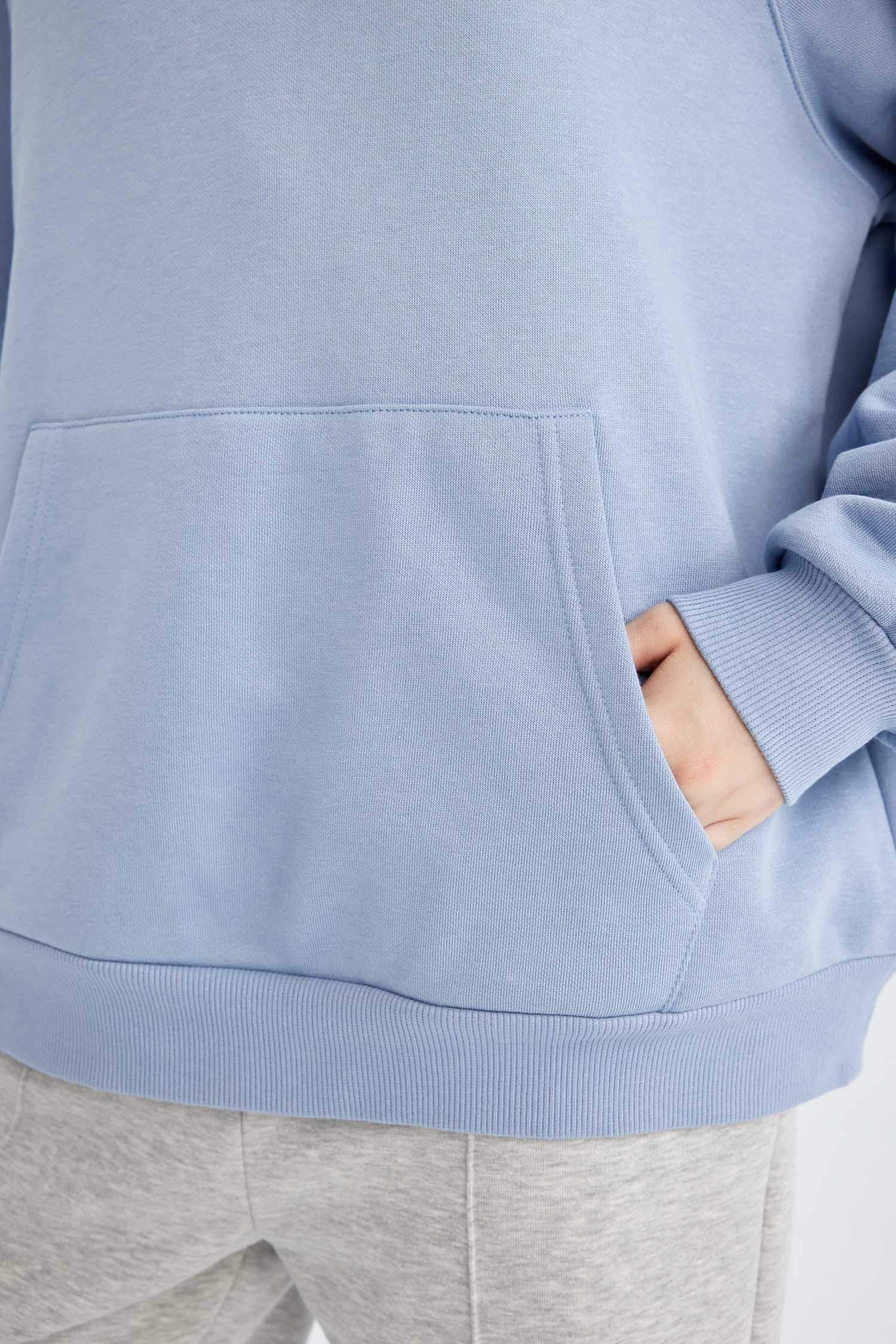 Oversize Geniş Kalıp Kapüşonlu Kanguru Cepli Kalın Basic Düz Sweatshirt