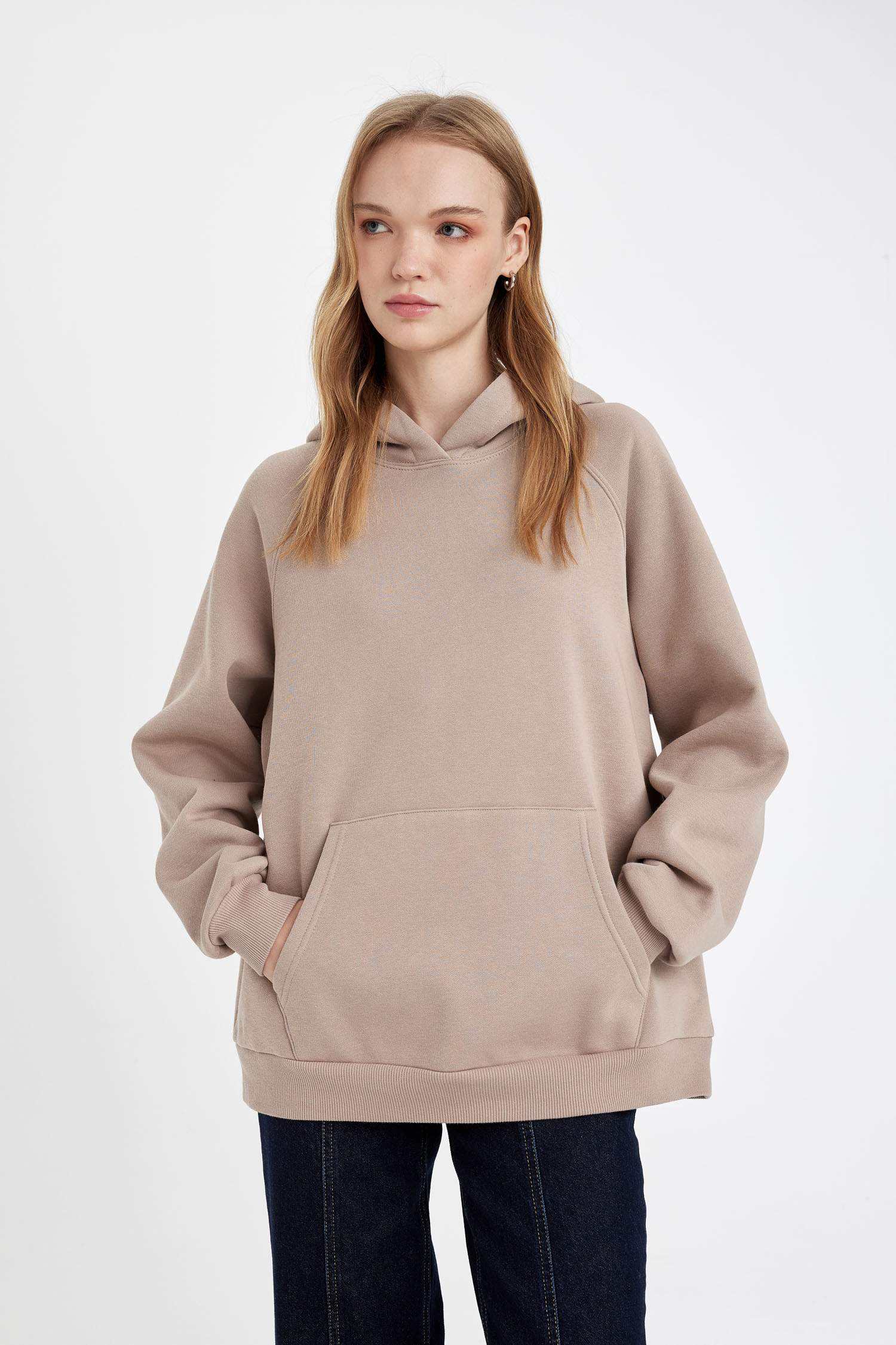 Oversize Geniş Kalıp Kapüşonlu Kanguru Cepli Kalın Basic Düz Sweatshirt