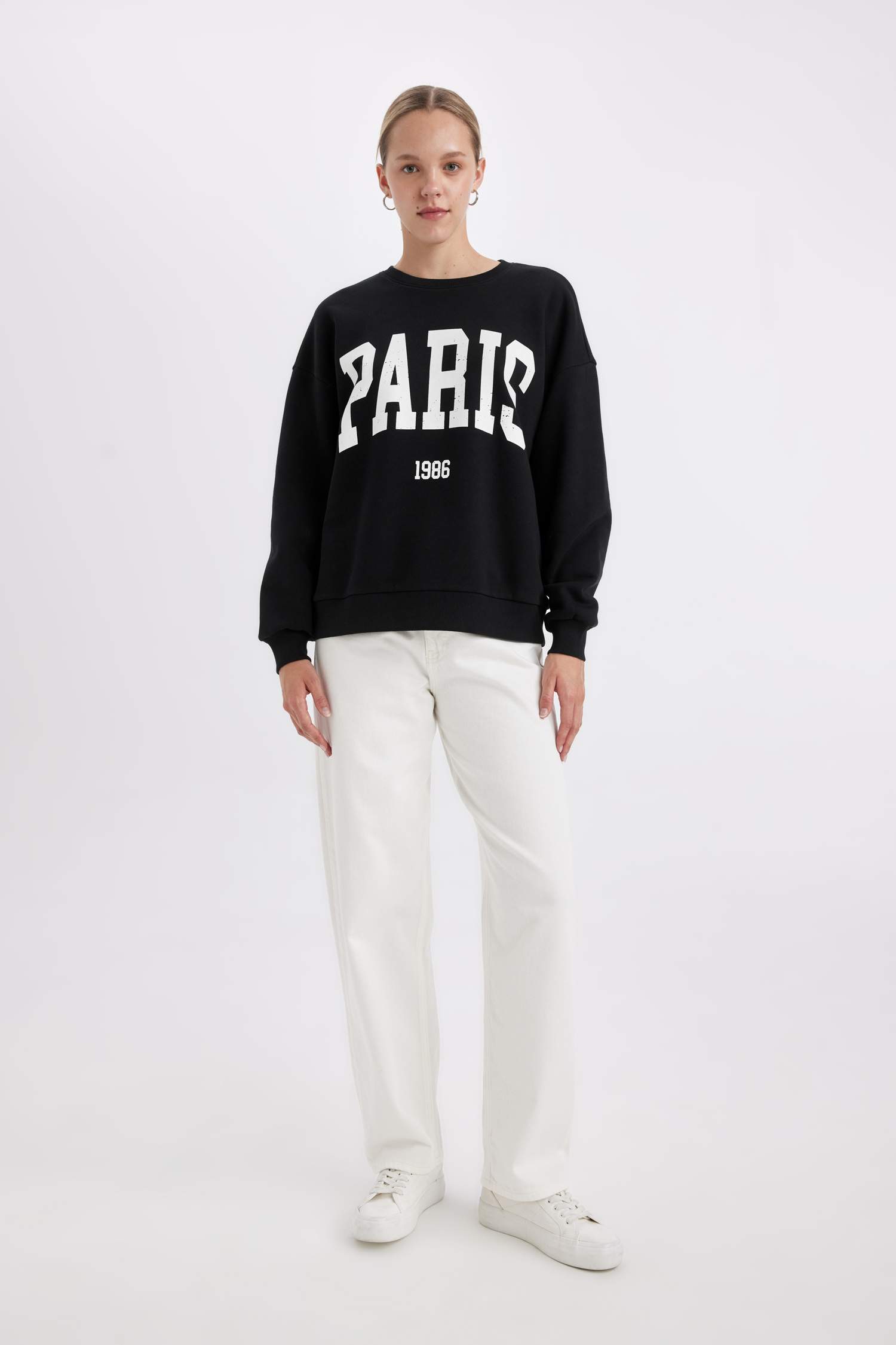 Loose Fit Bisiklet Yaka Baskılı Kalın Siyah Sweatshirt