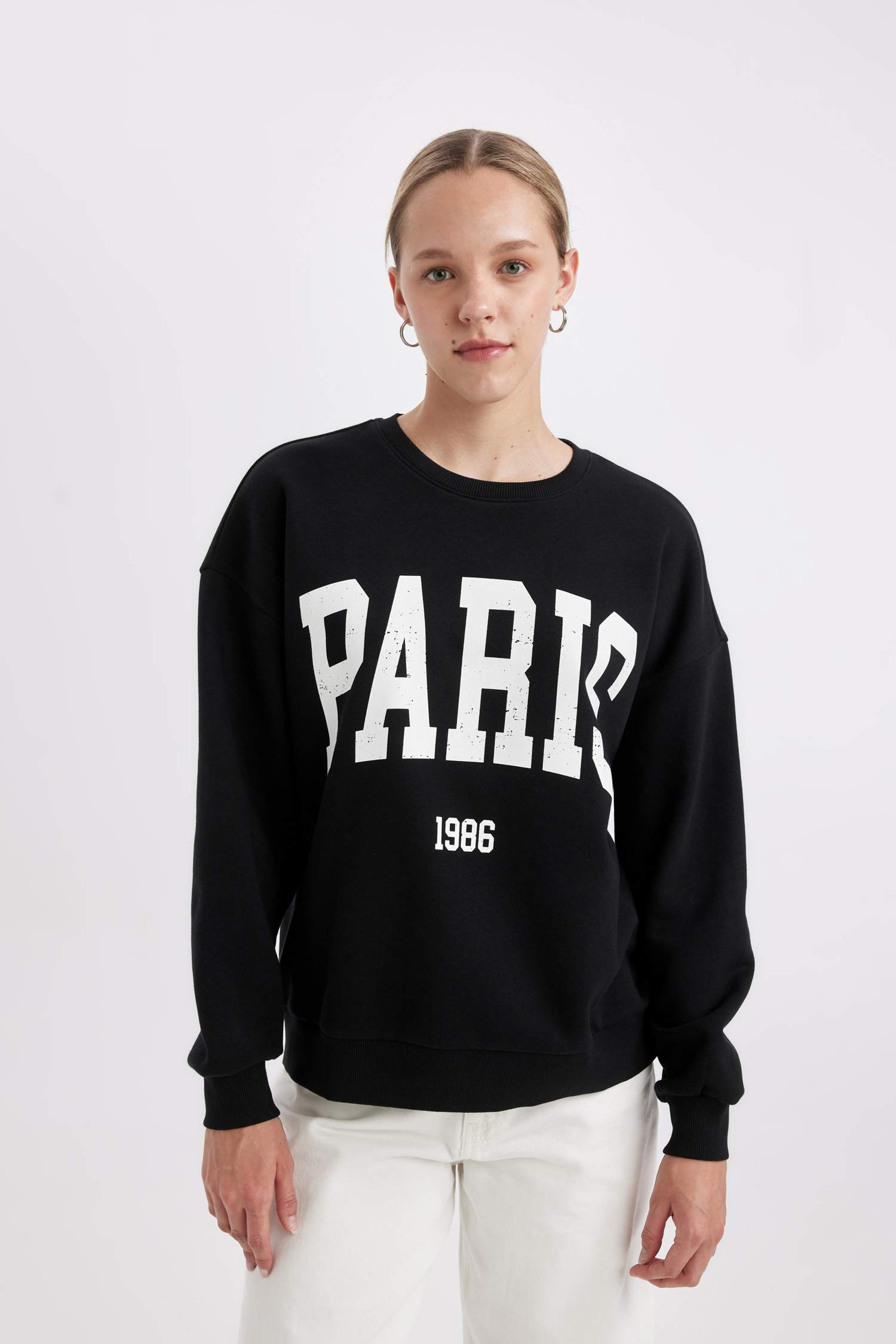 Loose Fit Bisiklet Yaka Baskılı Kalın Siyah Sweatshirt