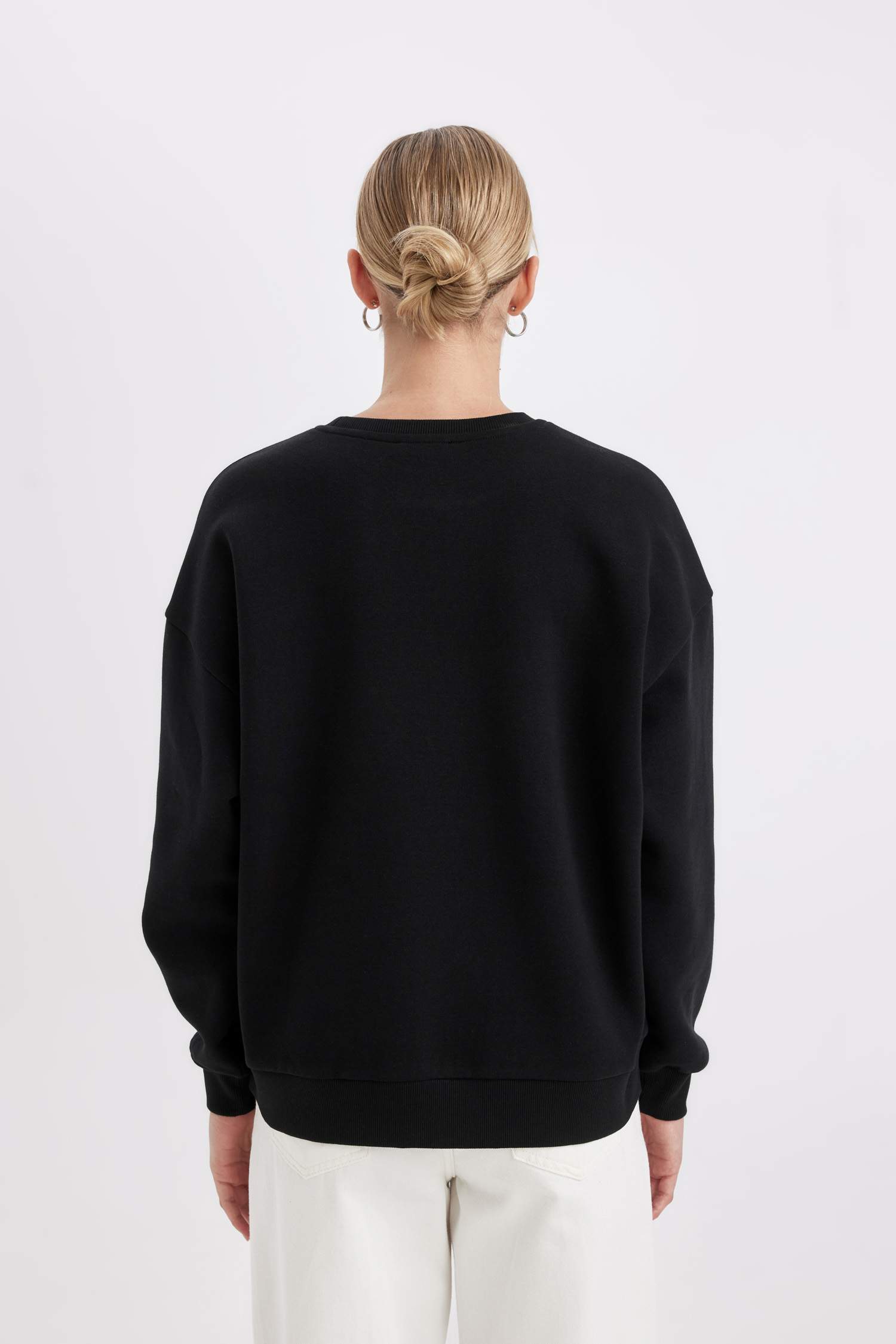 Loose Fit Bisiklet Yaka Baskılı Kalın Siyah Sweatshirt