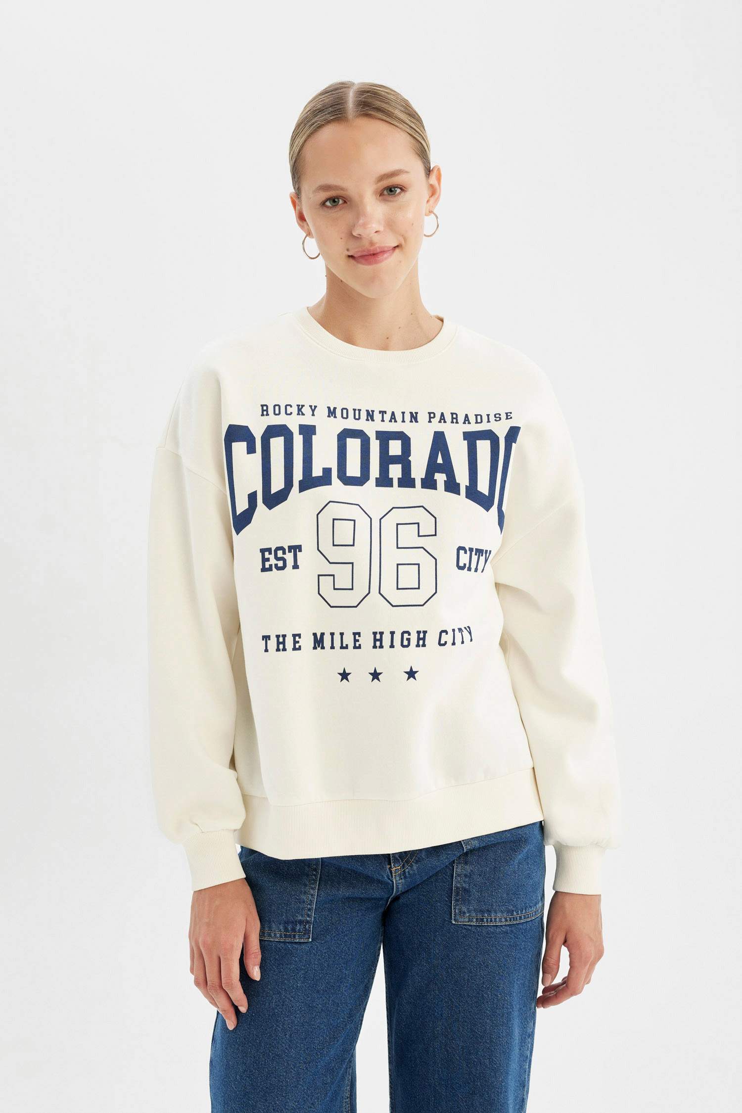 Loose Fit Bisiklet Yaka Baskılı Kalın Sweatshirt