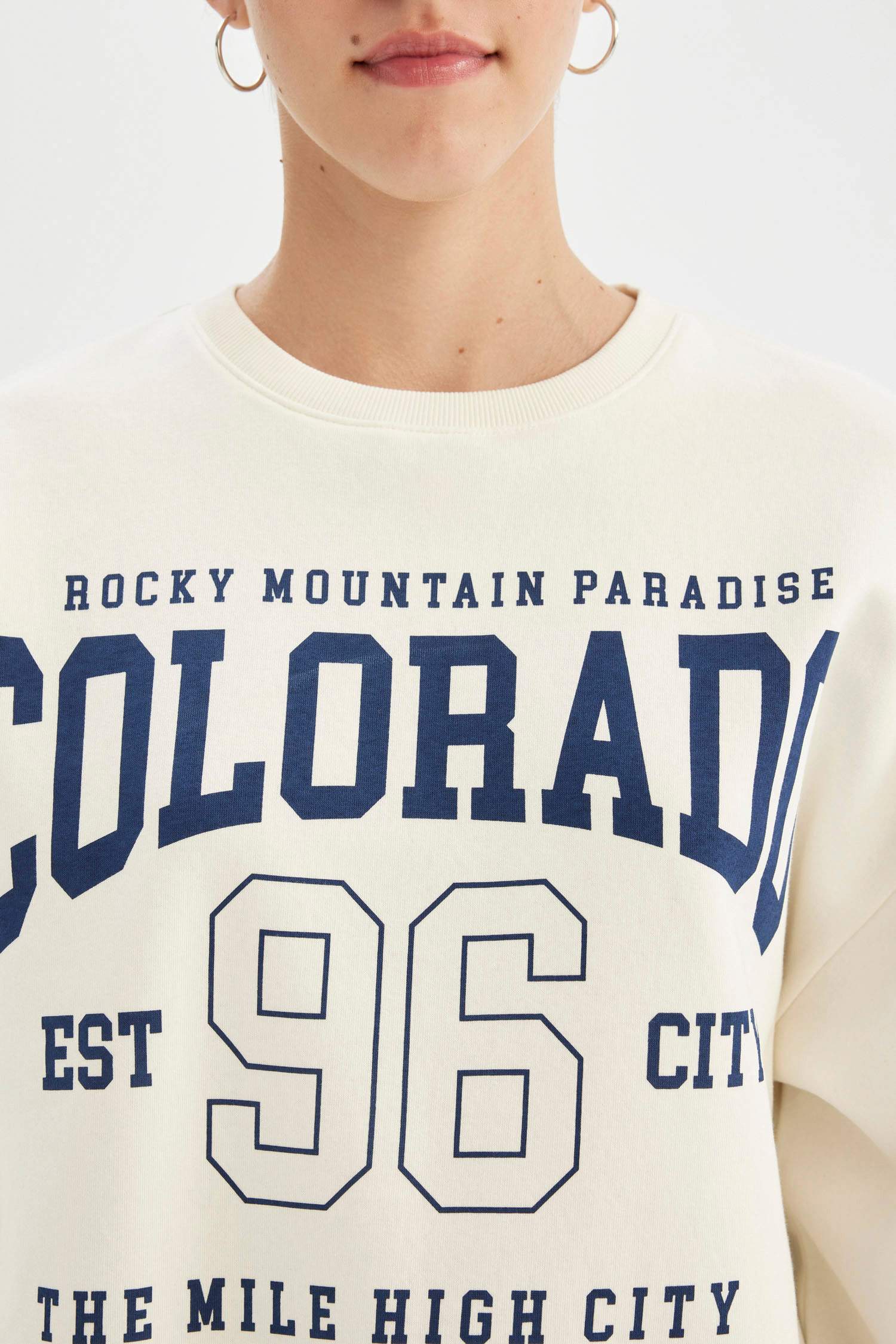 Loose Fit Bisiklet Yaka Baskılı Kalın Sweatshirt