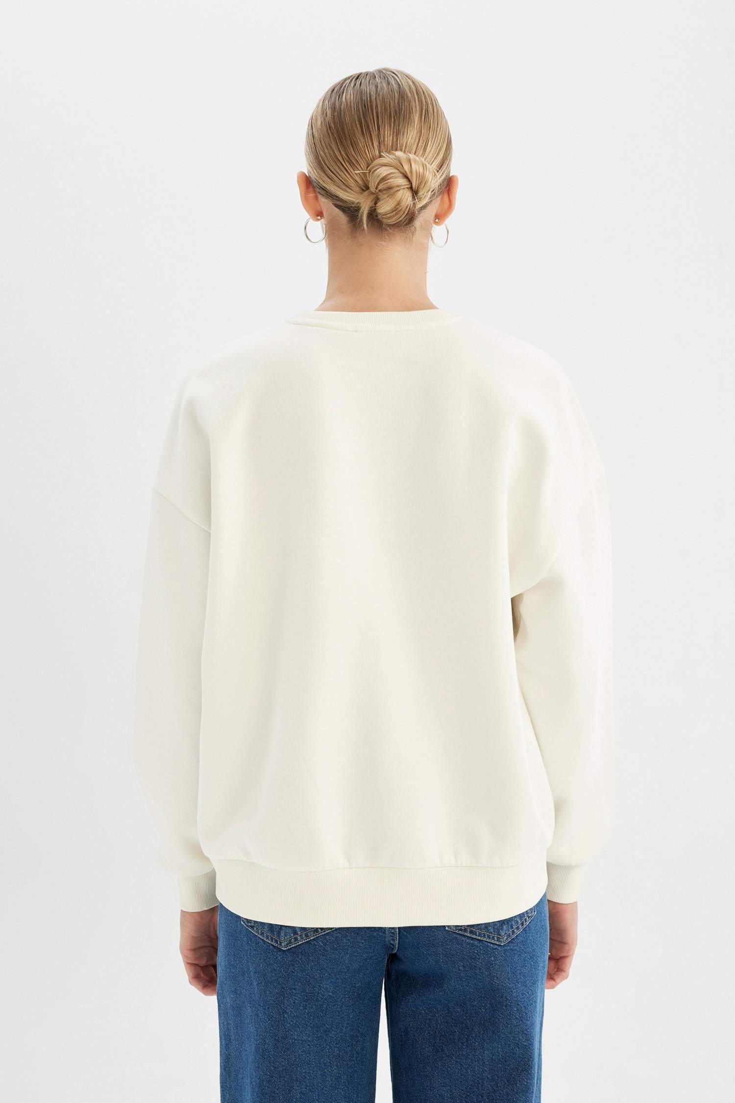 Loose Fit Bisiklet Yaka Baskılı Kalın Sweatshirt