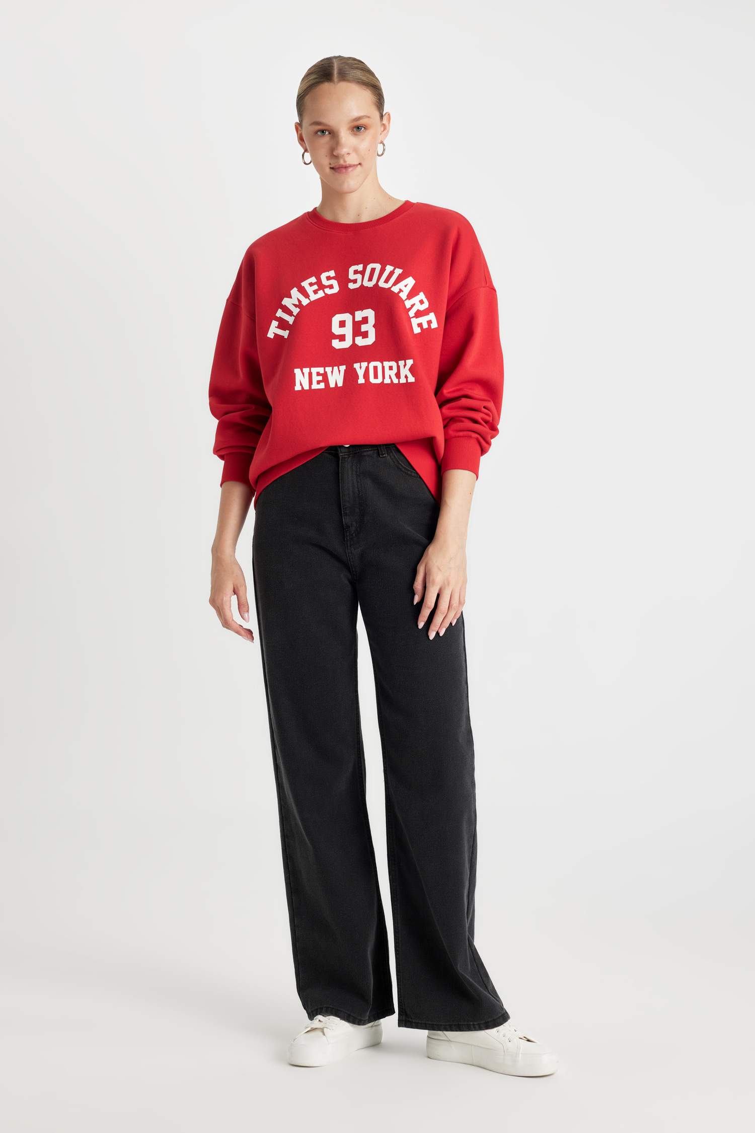 Loose Fit Bisiklet Yaka Baskılı Kalın Kırmızı Sweatshirt