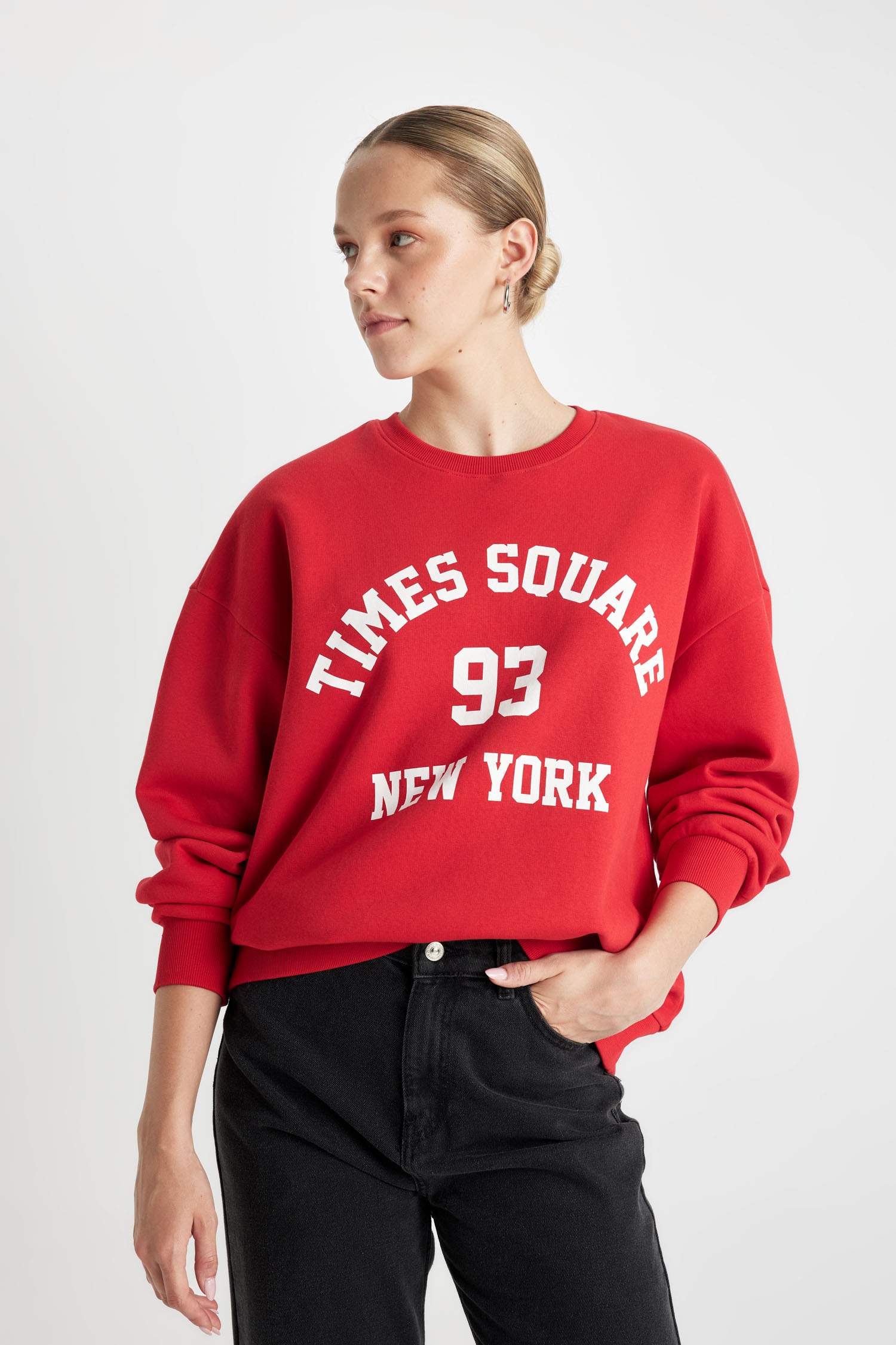 Loose Fit Bisiklet Yaka Baskılı Kalın Kırmızı Sweatshirt