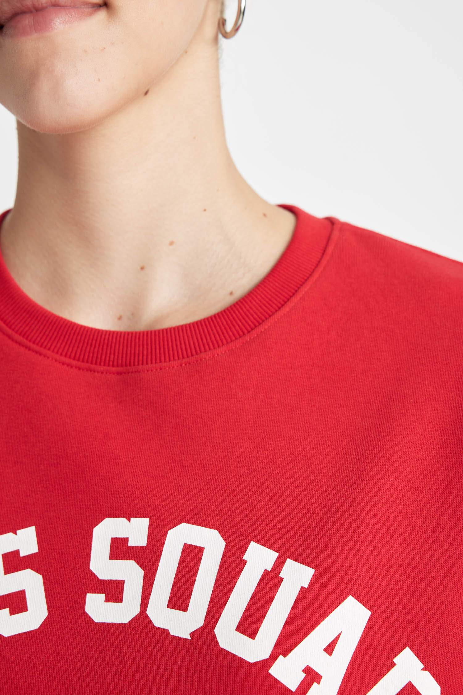 Loose Fit Bisiklet Yaka Baskılı Kalın Kırmızı Sweatshirt