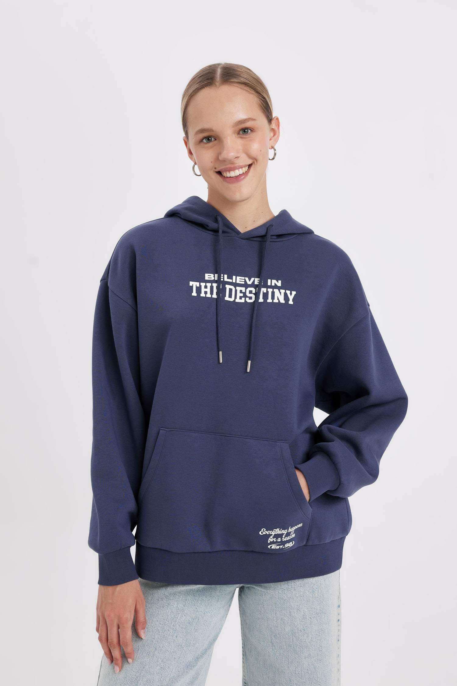 Oversize Geniş Kalıp Kapüşonlu Cepli Sırt Baskılı Kalın Sweatshirt