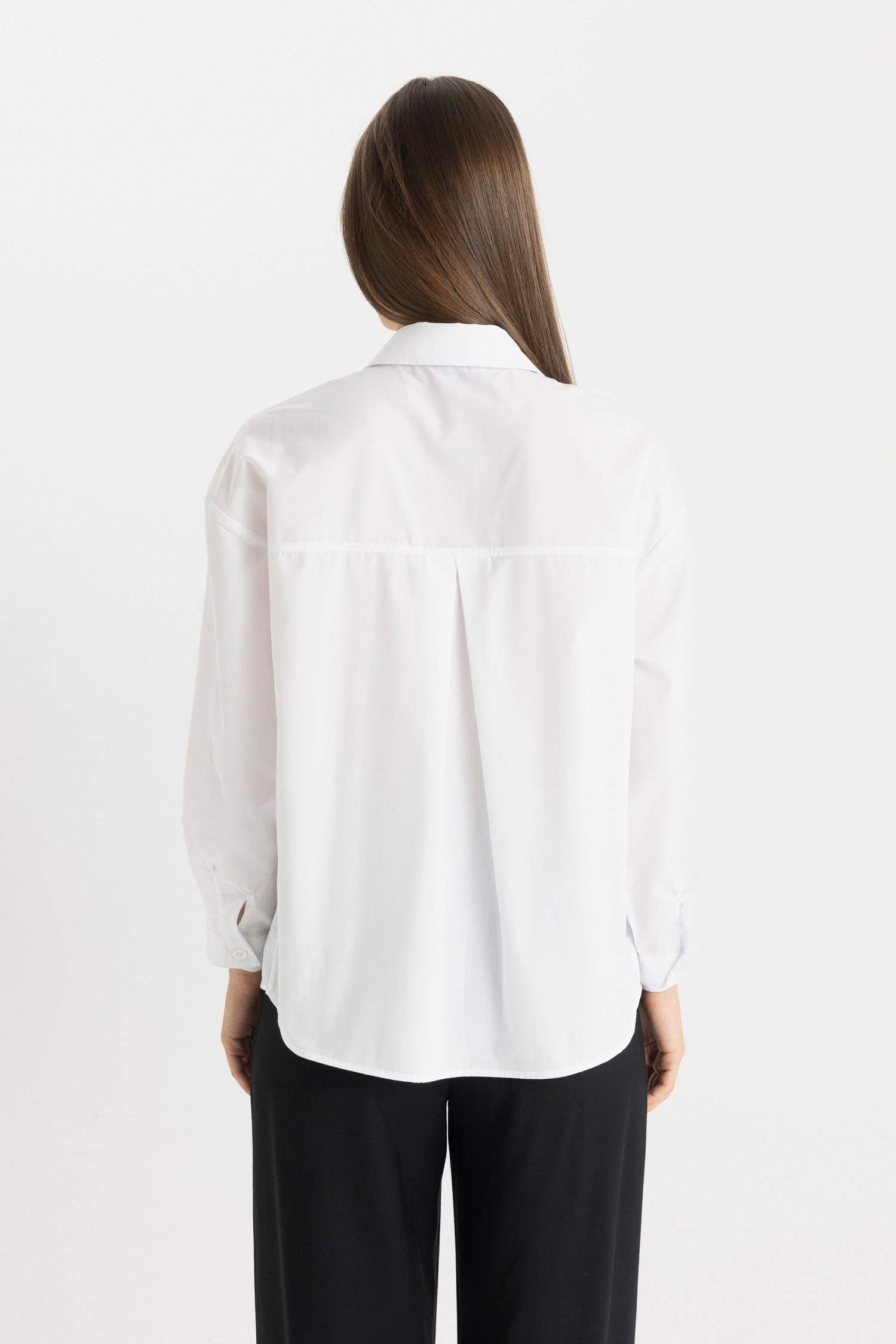 تونيك كم طويل بوبلين قصة مريحة وياقة قميص