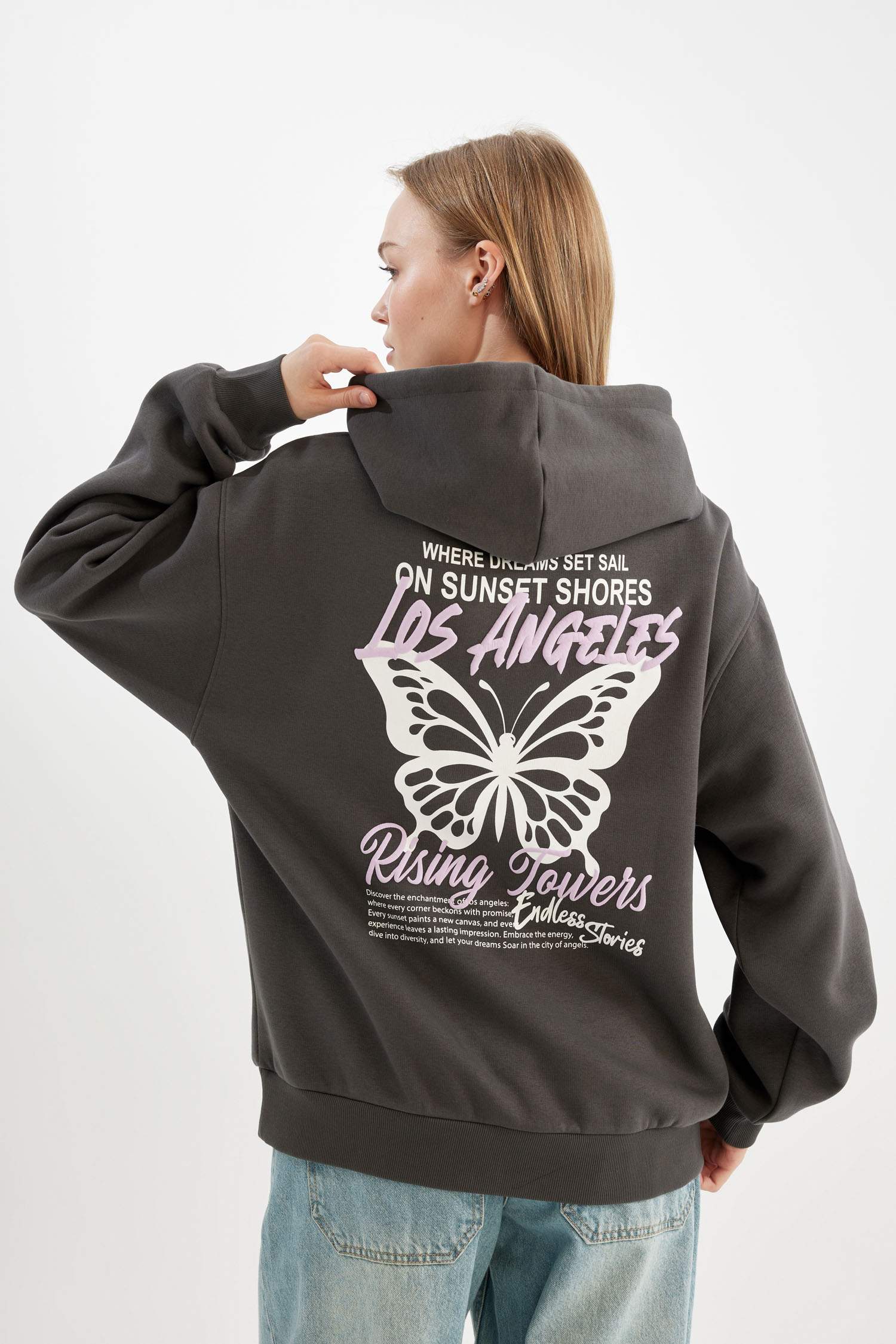 Oversize Fit Hooded Printed Thick Sweatshirt