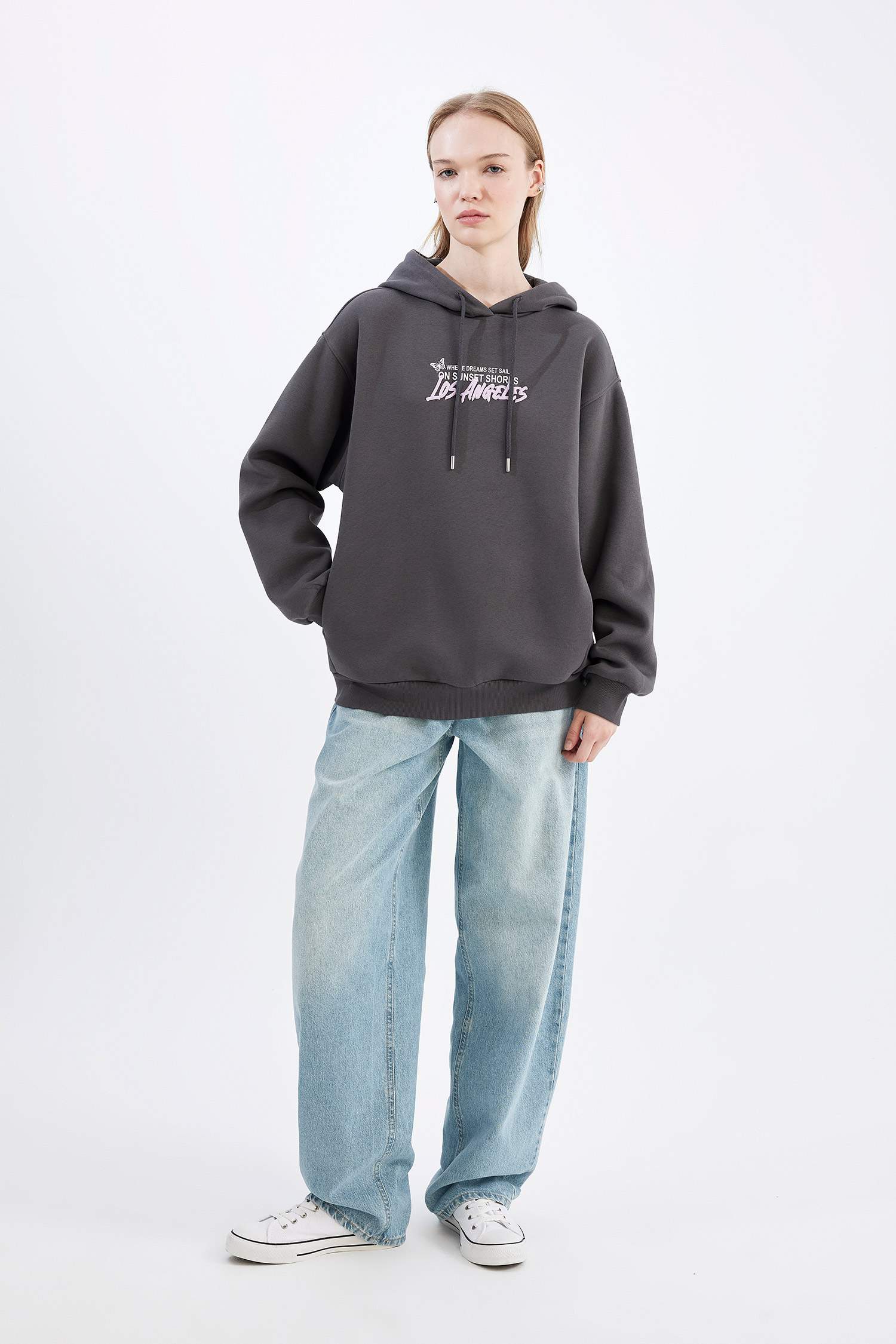 Oversize Fit Hooded Printed Thick Sweatshirt