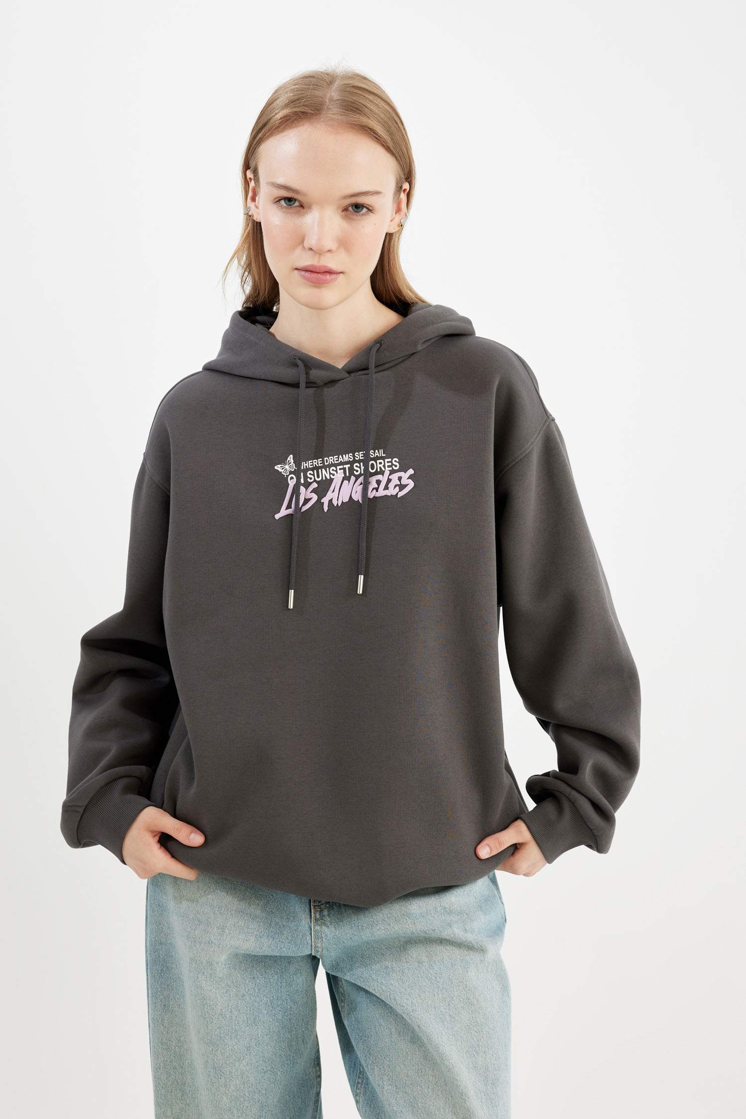 Oversize Fit Hooded Printed Thick Sweatshirt