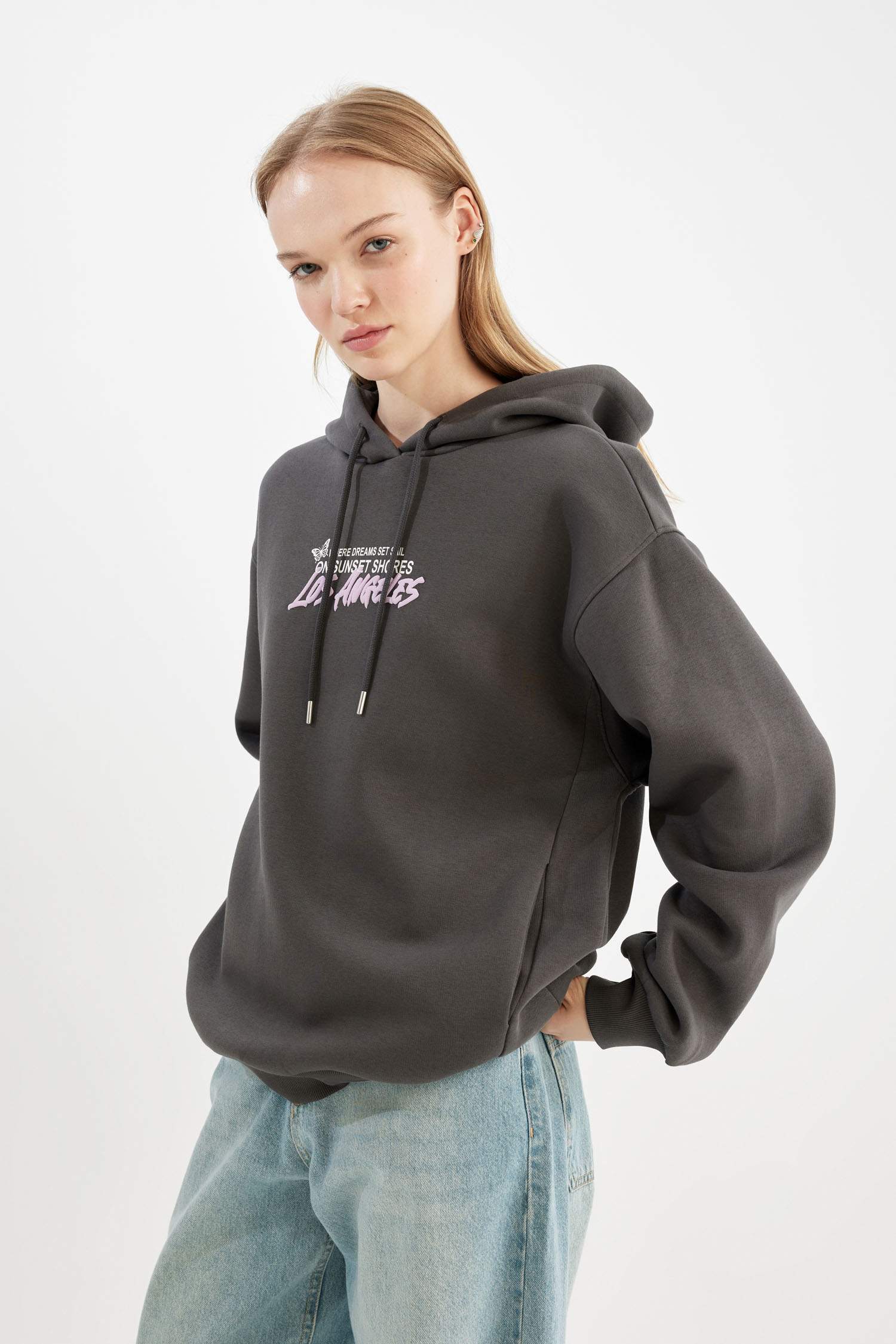 Oversize Fit Hooded Printed Thick Sweatshirt
