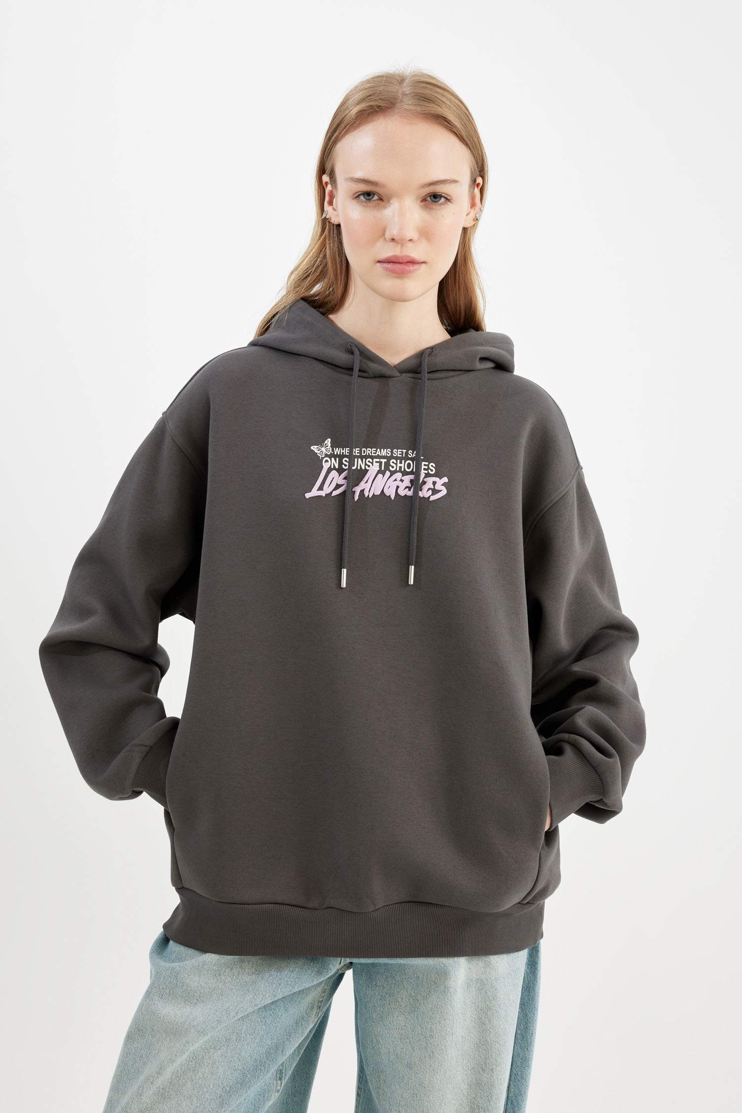 Oversize Fit Hooded Printed Thick Sweatshirt