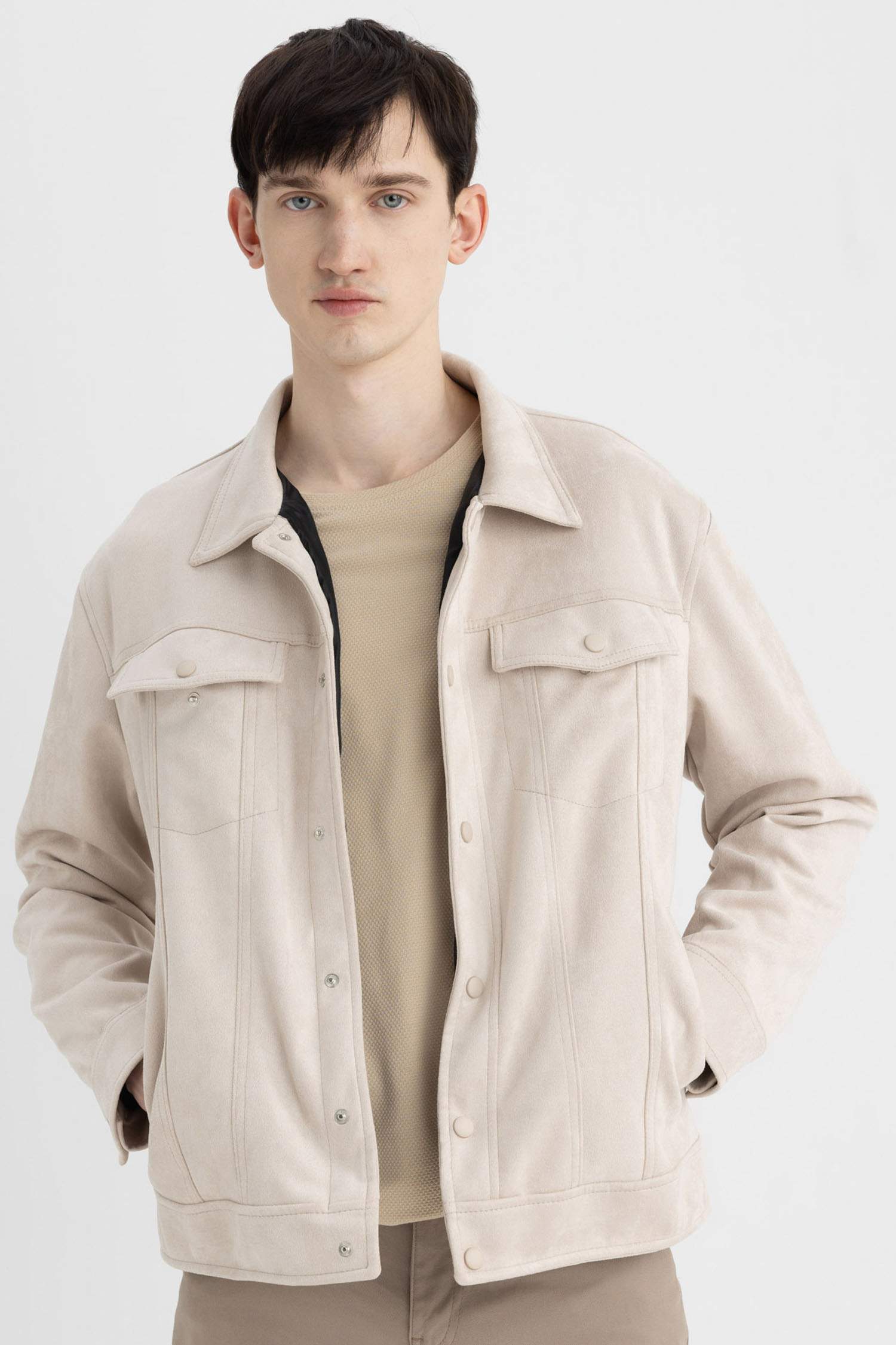 Slim Fit Dar Kesim Süet Ceket Dar Kesim Gömlek Yaka Çıtçıtlı Cepli