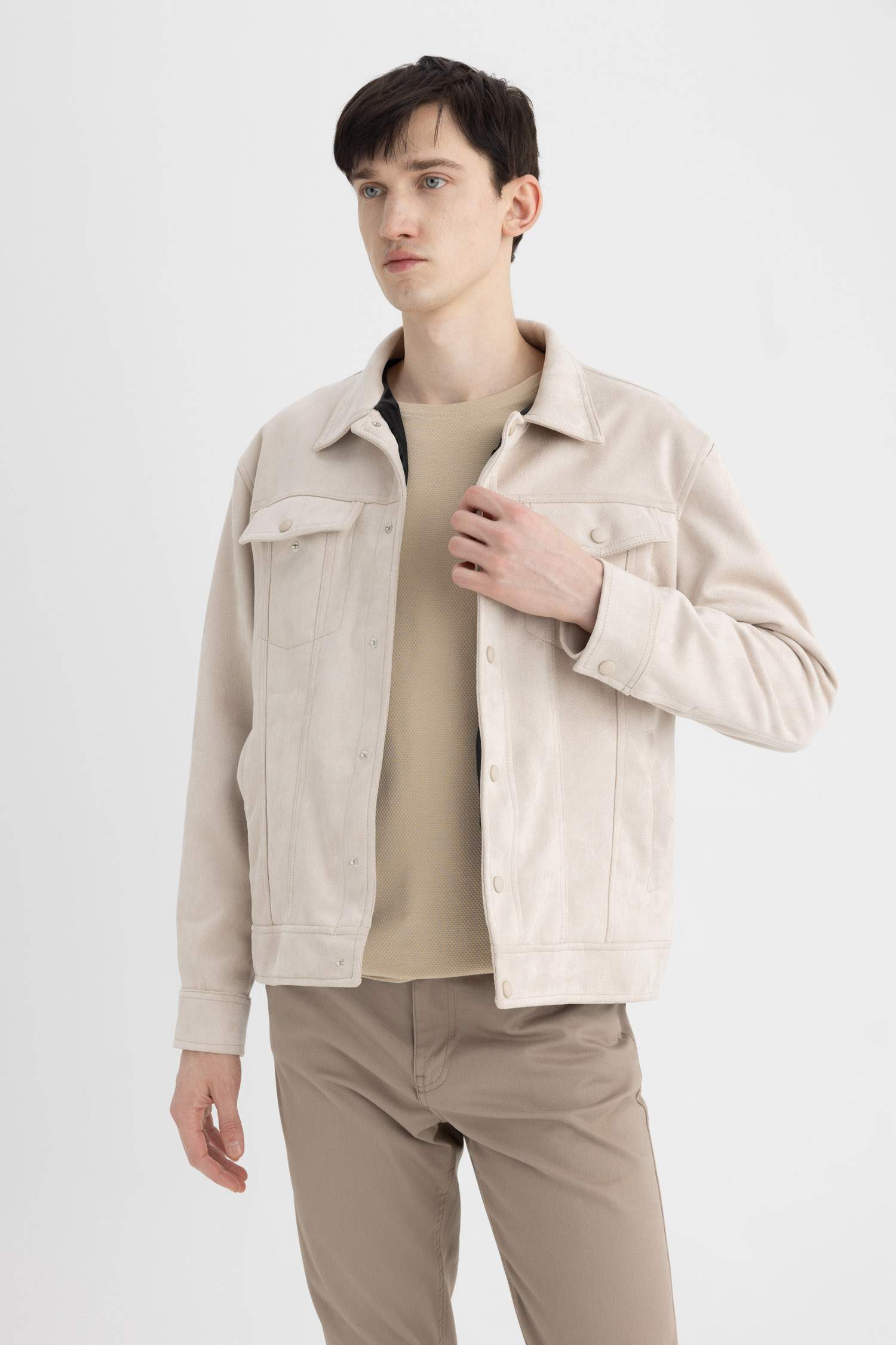 Slim Fit Dar Kesim Süet Ceket Dar Kesim Gömlek Yaka Çıtçıtlı Cepli