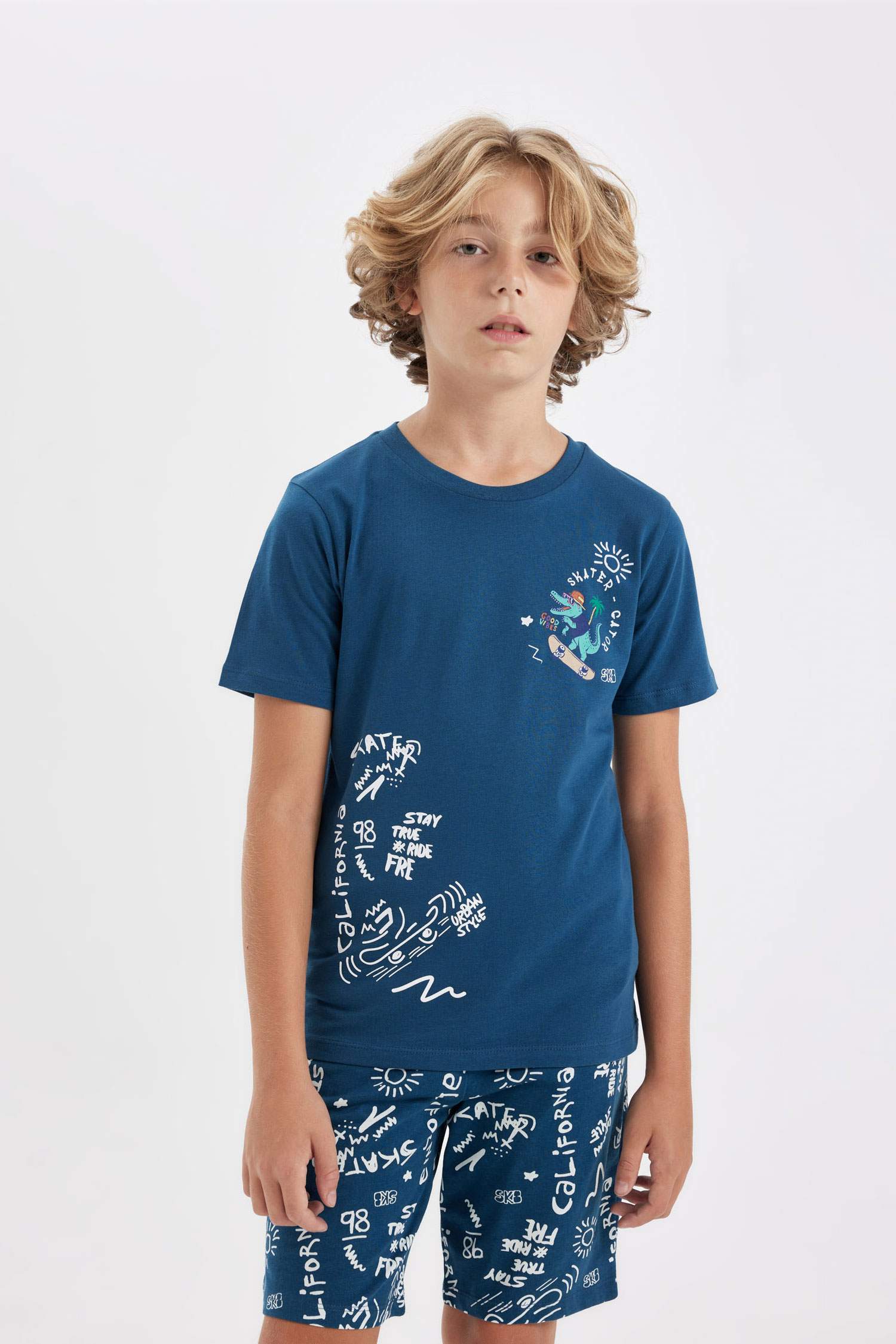 Erkek Çocuk Pijama Takımı Bisiklet Yaka Baskılı Kısa Kollu Şort