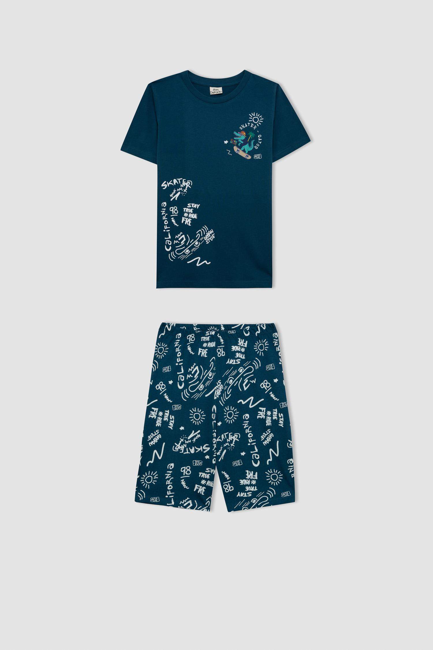 Erkek Çocuk Pijama Takımı Bisiklet Yaka Baskılı Kısa Kollu Şort