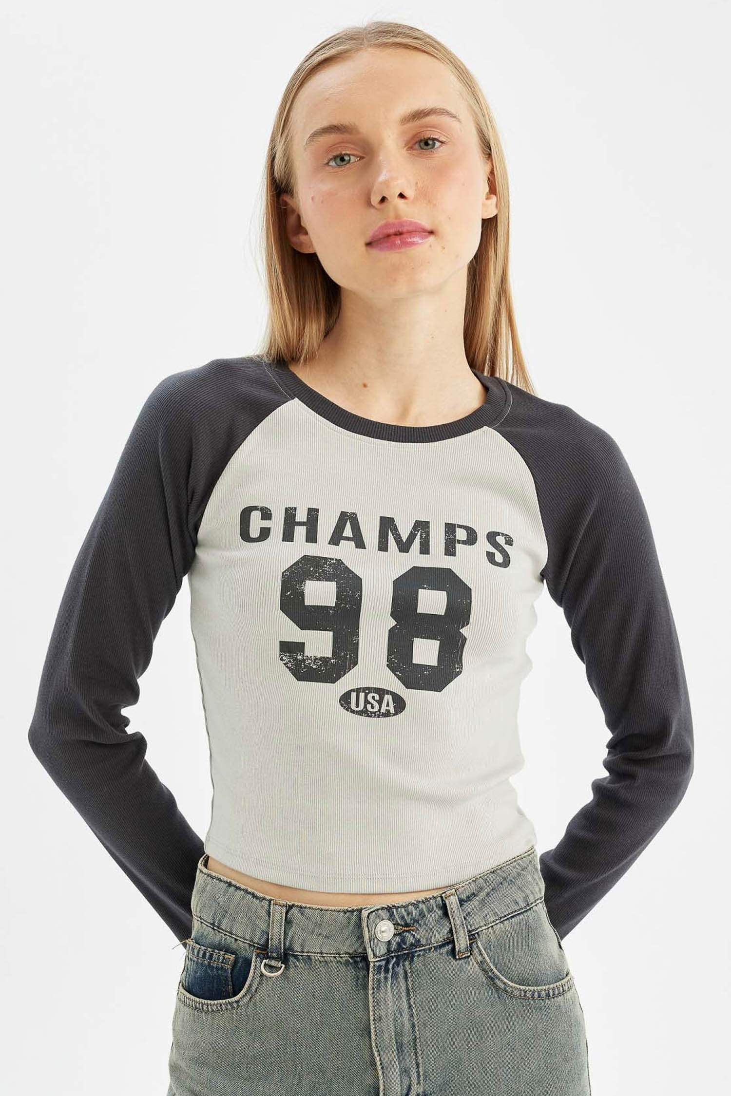 Antrasit Coool Fitted Bisiklet Yaka Fitilli Kaşkorse Baskılı Uzun Kollu Tişört