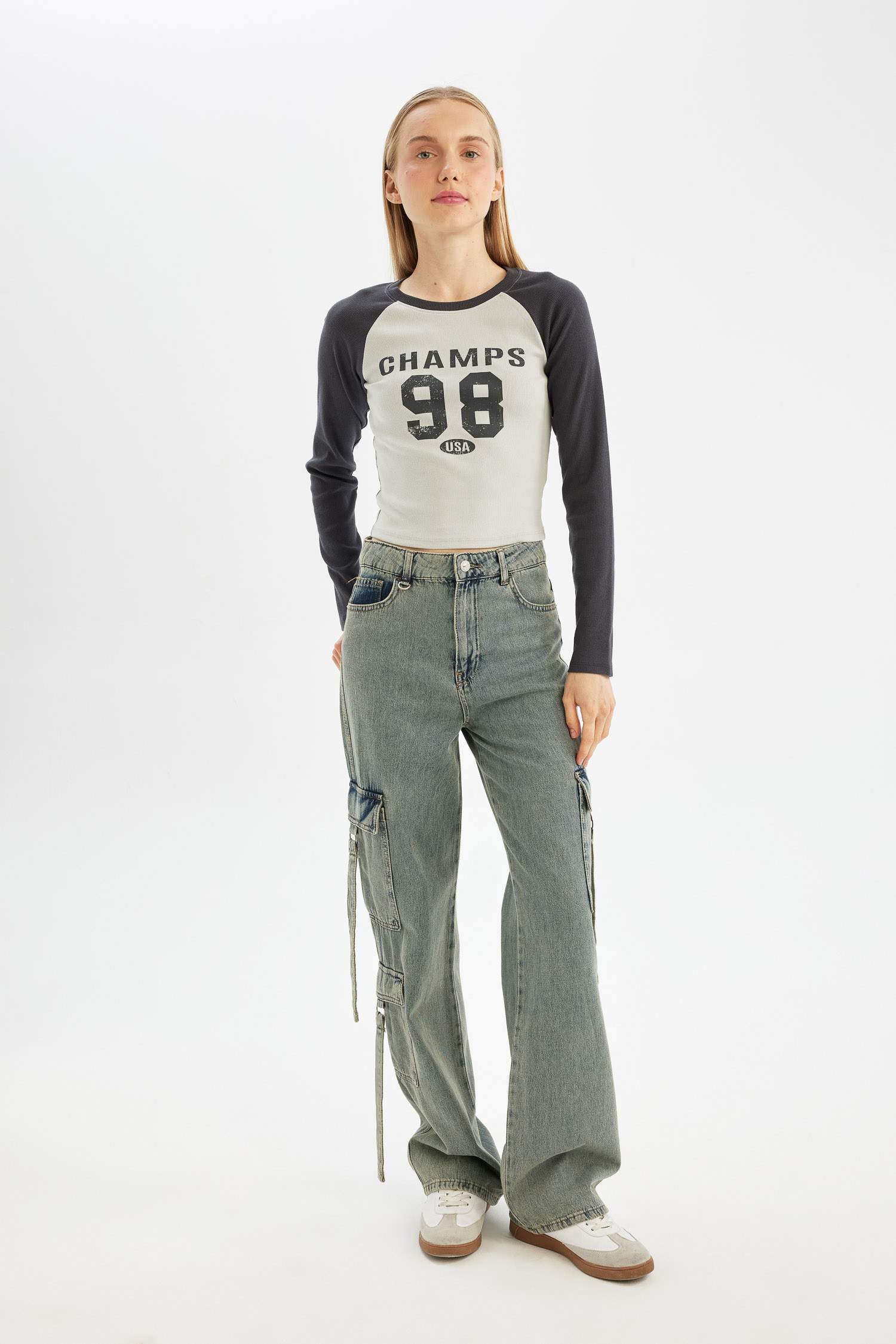 Antrasit Coool Fitted Bisiklet Yaka Fitilli Kaşkorse Baskılı Uzun Kollu Tişört