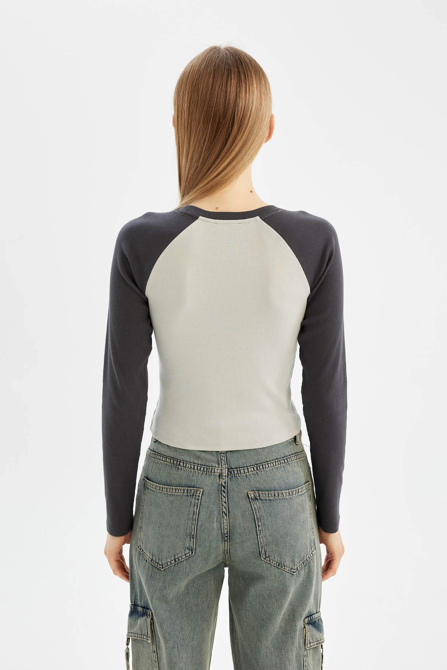 Antrasit Coool Fitted Bisiklet Yaka Fitilli Kaşkorse Baskılı Uzun Kollu Tişört