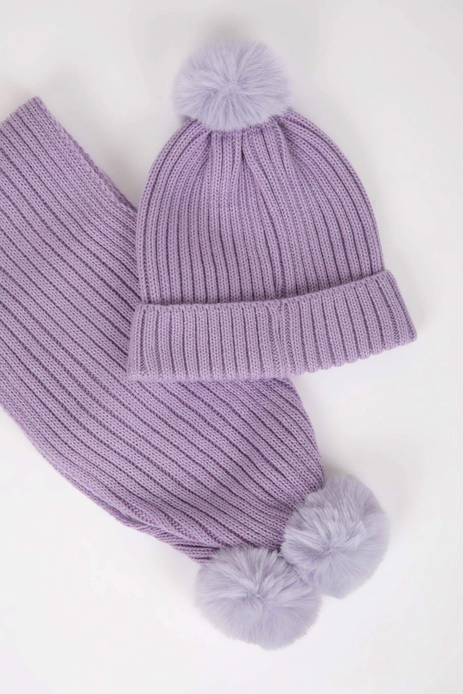 Kız Çocuk 2'li Takım Ponponlu Bere Atkı