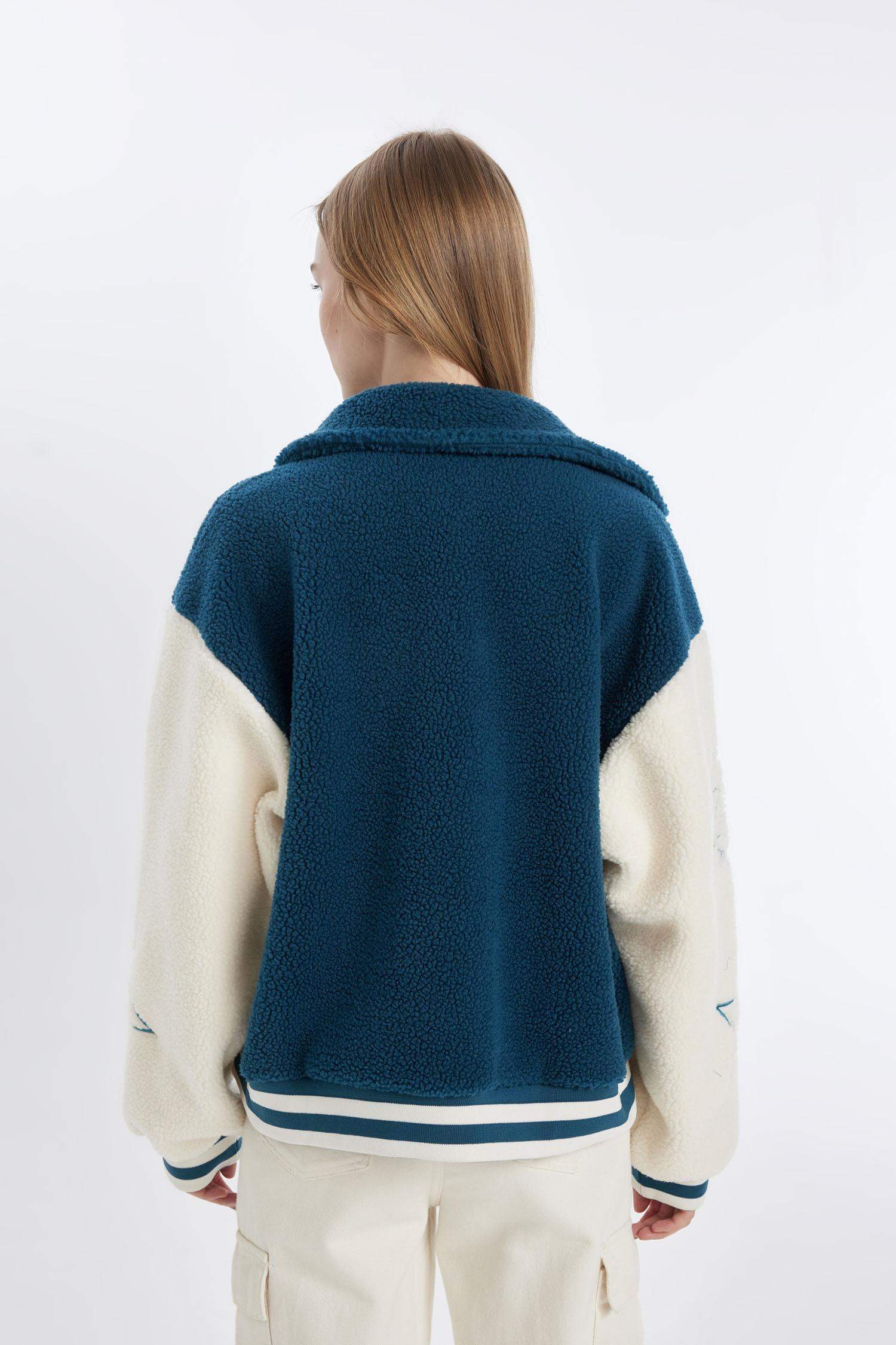 Coool Oversize Geniş Kalıp Pelüş Bomber Mont Ceket Polo Yaka Nakışlı Çıtçıtlı Cepli