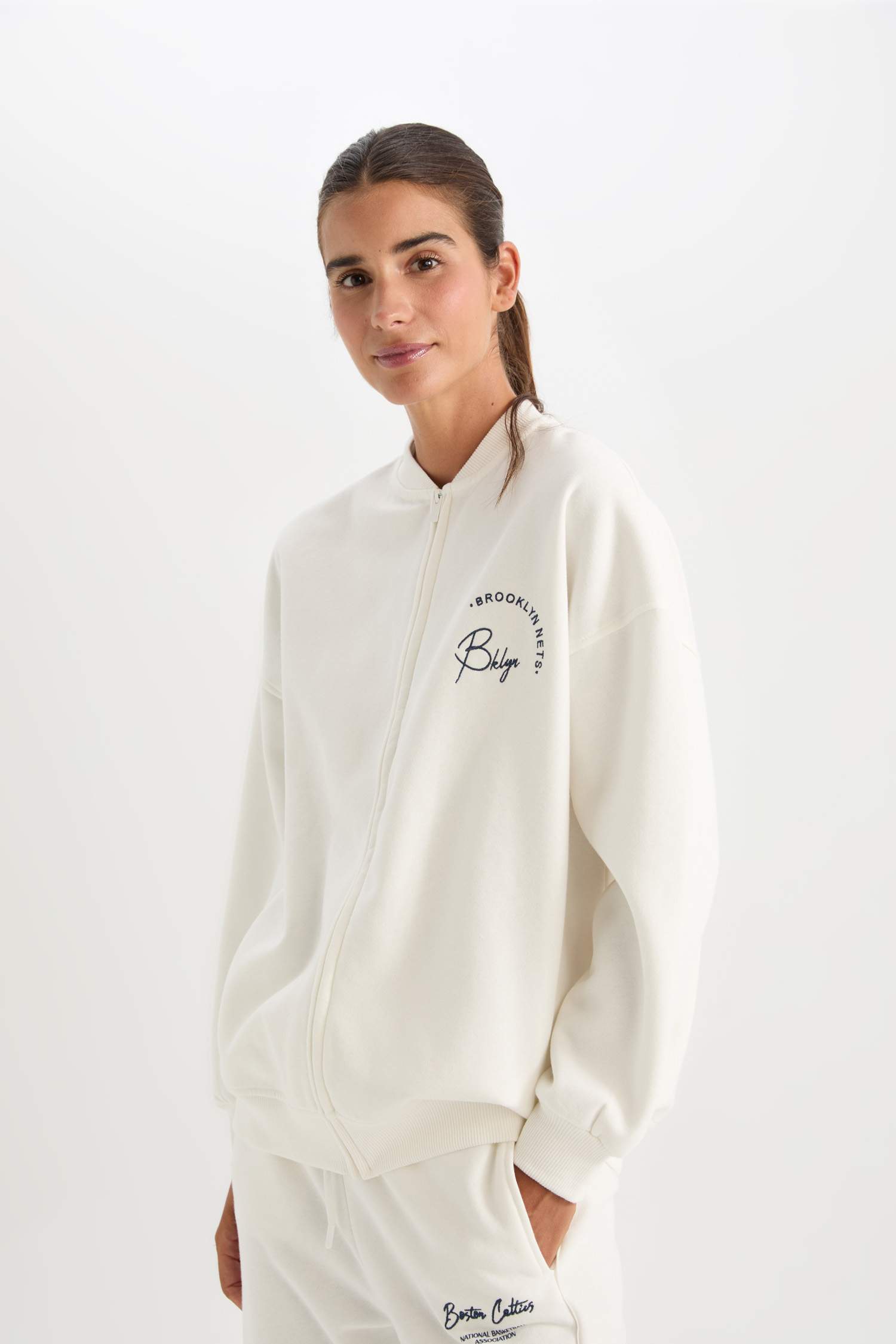 DeFactoFit NBA Brooklyn Nets Oversize Geniş Kalıp Kolej Yaka Sırt Baskılı Bomber Hırka