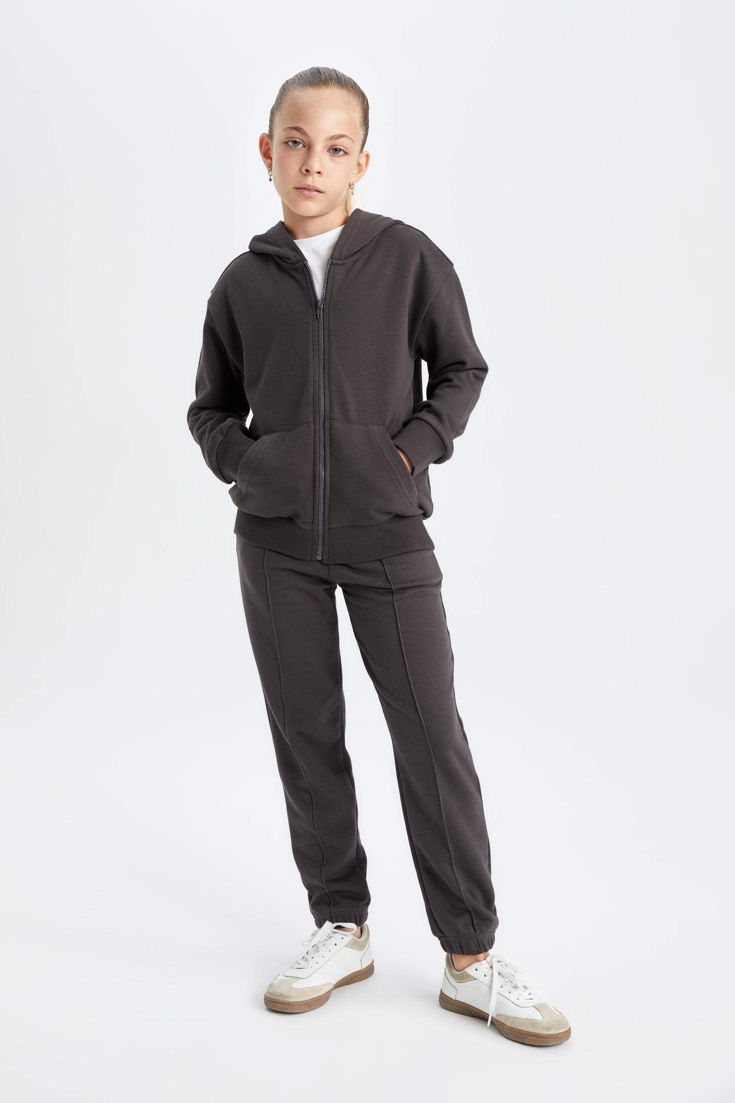 Kız Çocuk Antrasit Basic Düz Kapüşonlu Fermuarlı Okul Hırkası