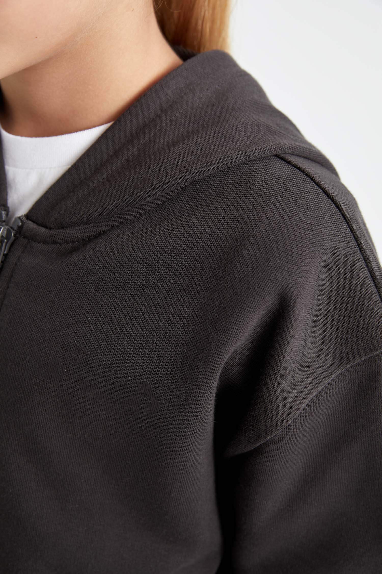 Kız Çocuk Antrasit Basic Düz Kapüşonlu Fermuarlı Okul Hırkası