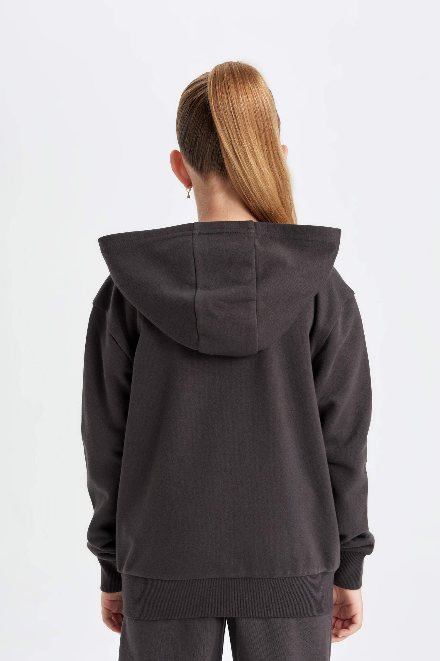 Kız Çocuk Antrasit Basic Düz Kapüşonlu Fermuarlı Okul Hırkası