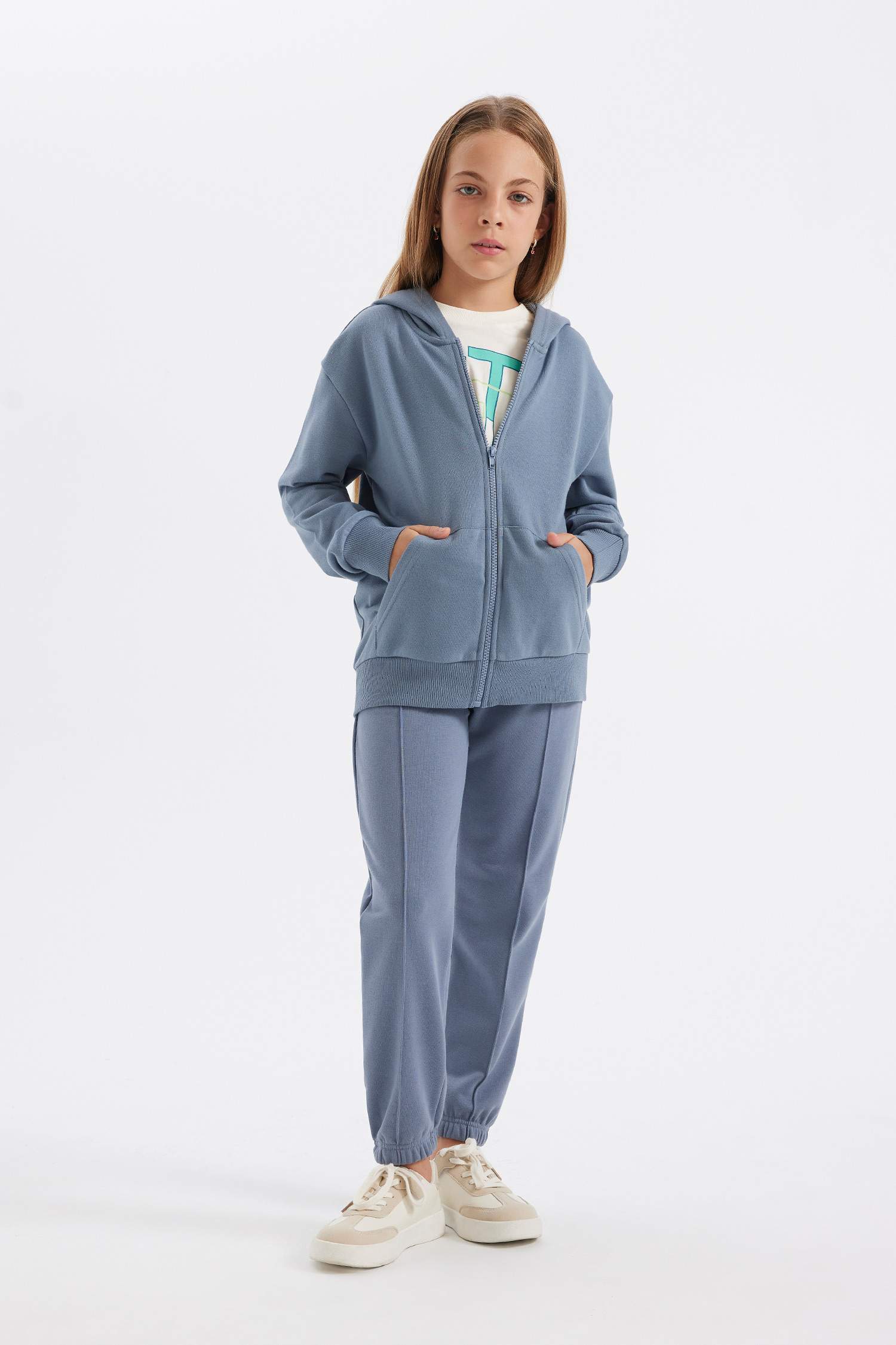 Kız Çocuk Basic Düz Kapüşonlu Cepli Fermuarlı Okul Hırkası