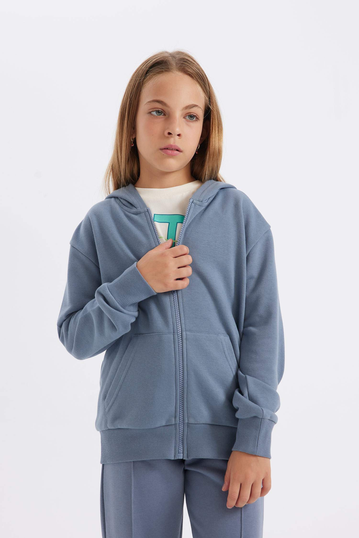 Kız Çocuk Basic Düz Kapüşonlu Cepli Fermuarlı Okul Hırkası