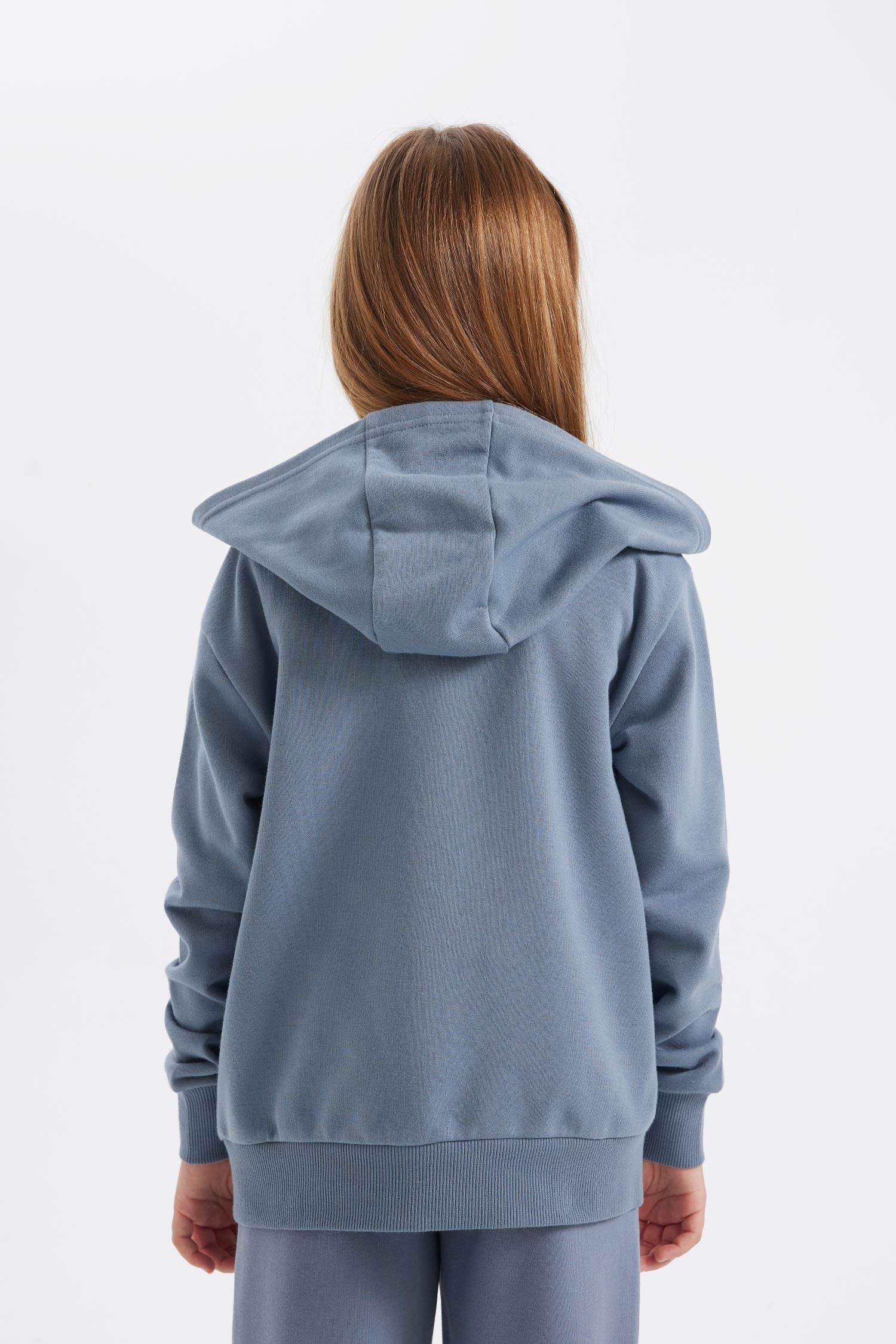 Kız Çocuk Basic Düz Kapüşonlu Cepli Fermuarlı Okul Hırkası