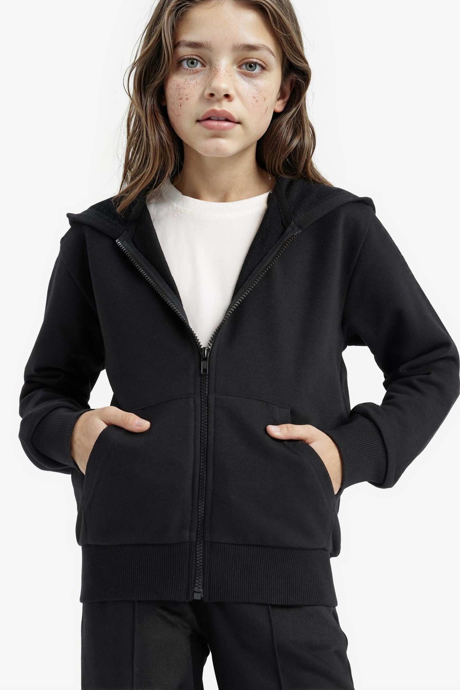 Kız Çocuk Basic Düz Kapüşonlu Okul Fermuarlı Sweatshirt