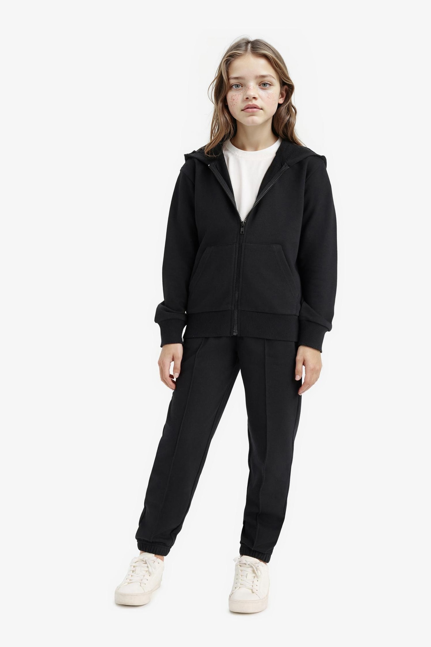 Kız Çocuk Basic Düz Kapüşonlu Okul Fermuarlı Sweatshirt