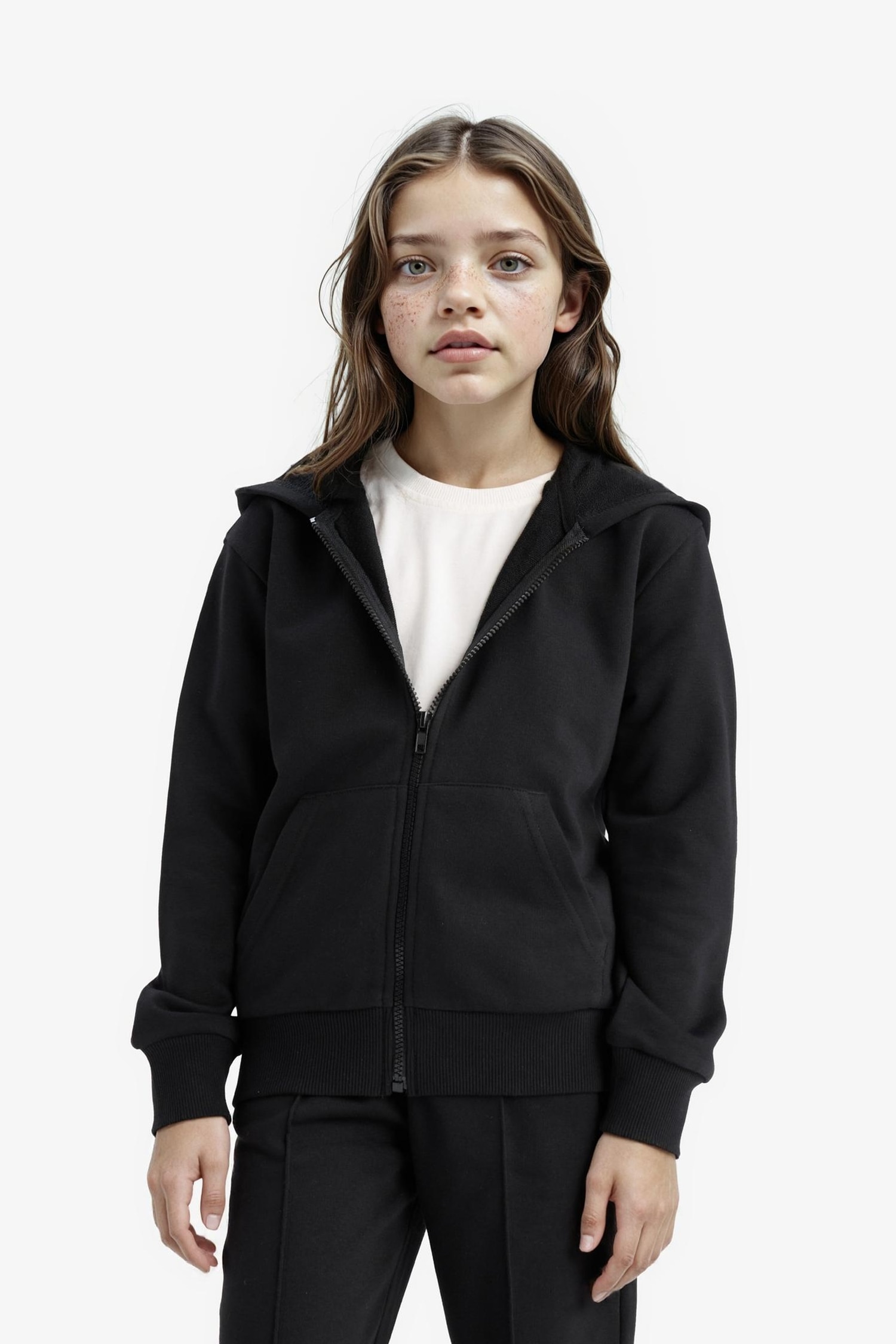 Kız Çocuk Basic Düz Kapüşonlu Okul Fermuarlı Sweatshirt