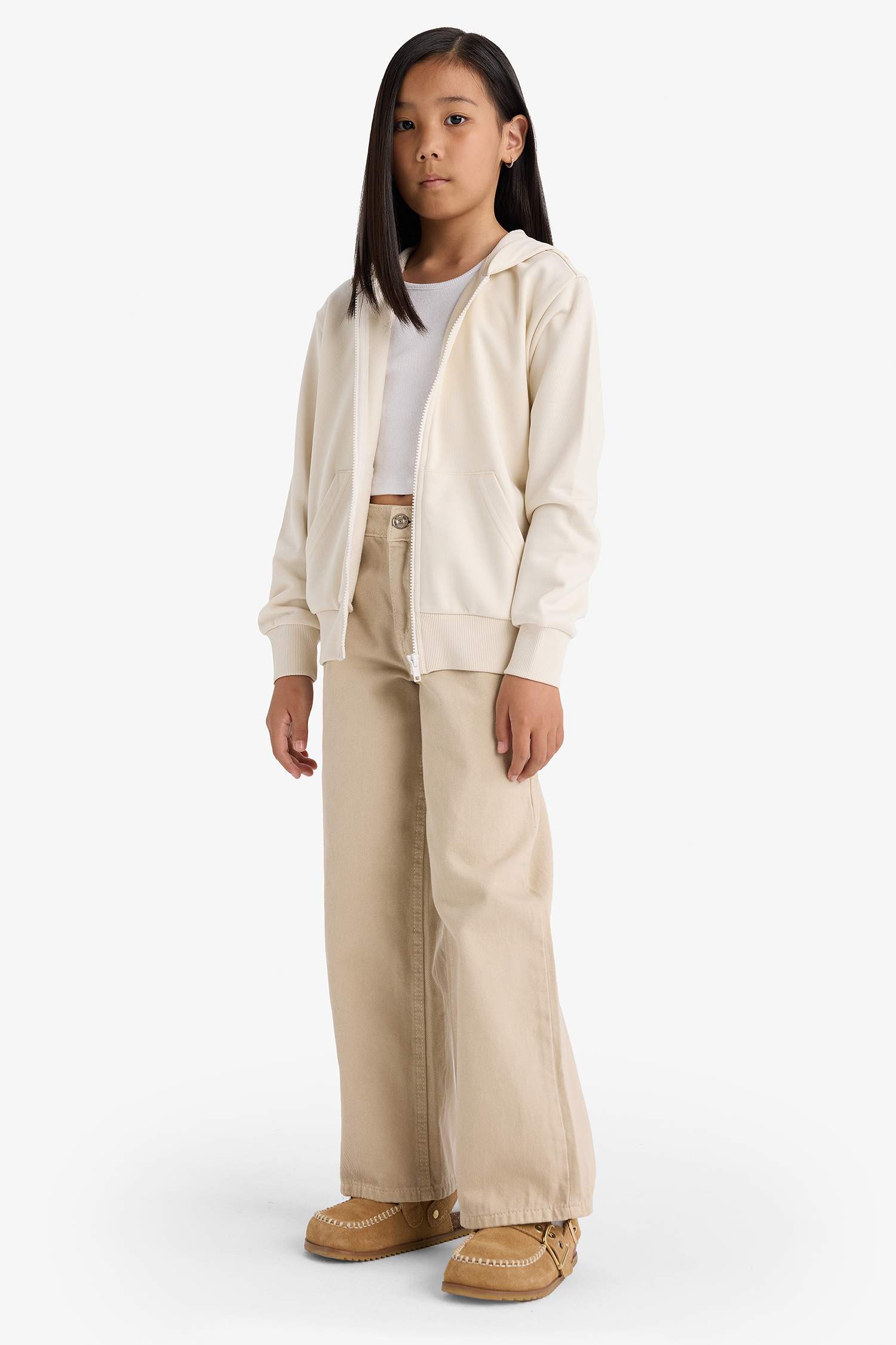 Kız Çocuk Basic Düz Kapüşonlu Okul Fermuarlı Sweatshirt